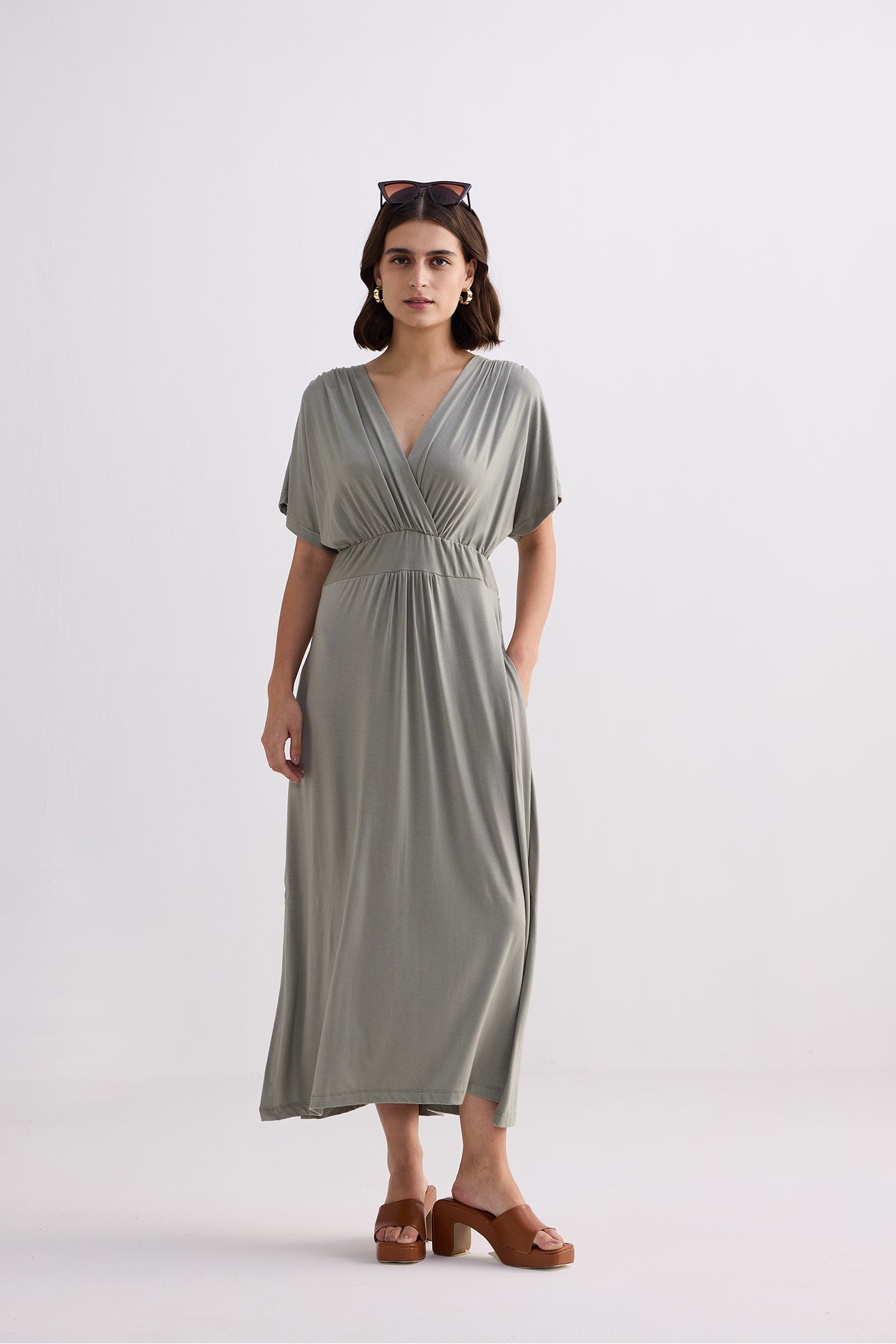 Flowy A-Line Maxi Dress with Side Slits in Light Olive Longshot