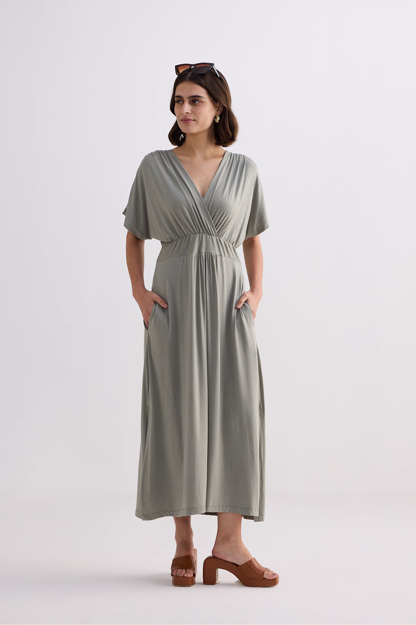 Flowy A-Line Maxi Dress with Side Slits in Light Olive Longshot