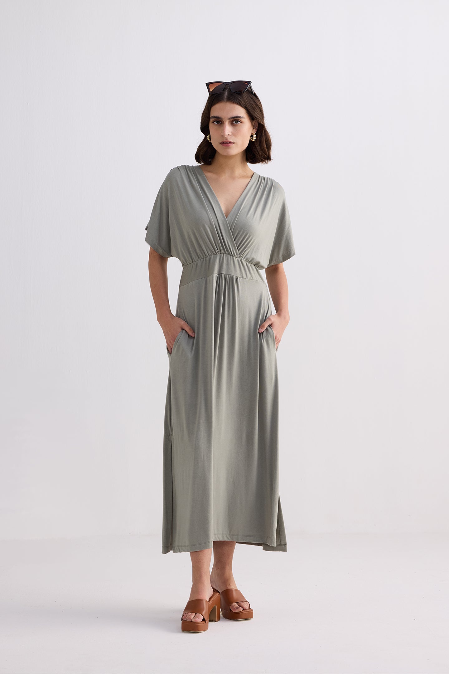 Flowy A-Line Maxi Dress with Side Slits in Light Olive Longshot