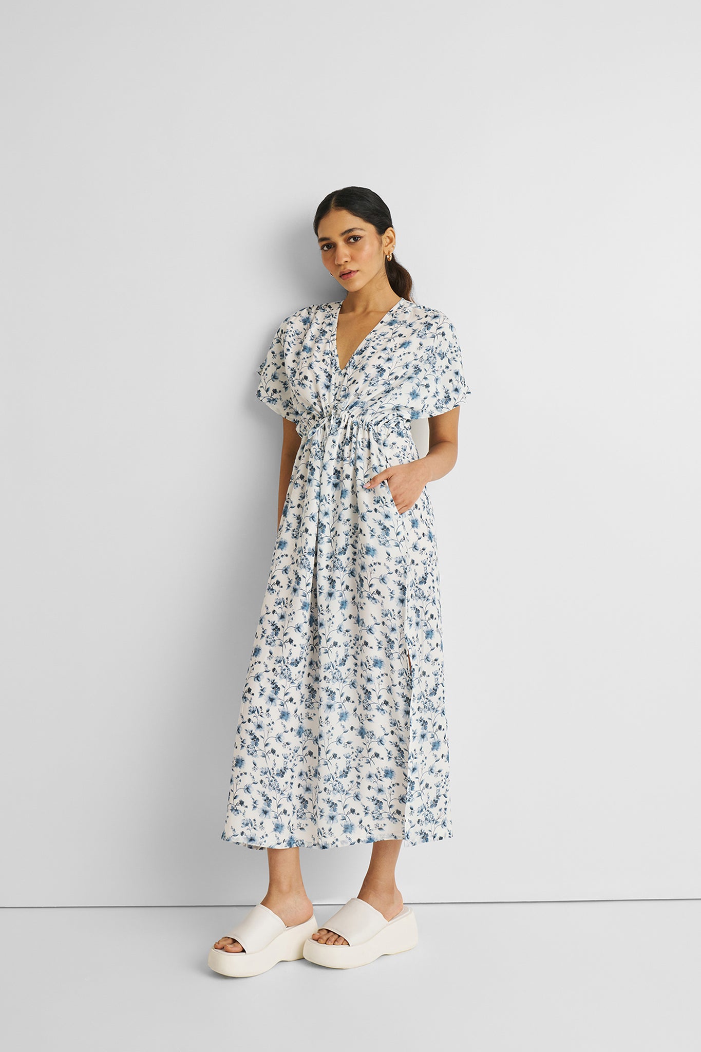 Gathered Maxi Dress in Blue Florals