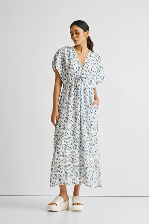 Gathered Maxi Dress in Blue Florals