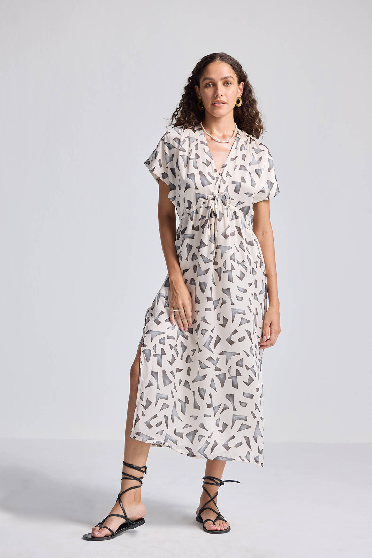 Gathered Maxi Dress with Side Slits in Mosaic Longshot