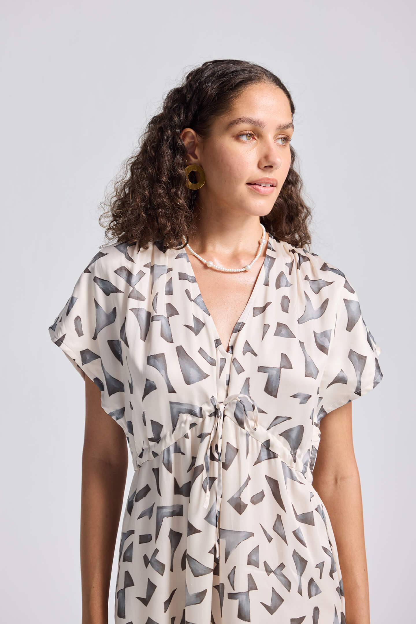 Gathered Maxi Dress with Side Slits in Mosaic Closeup
