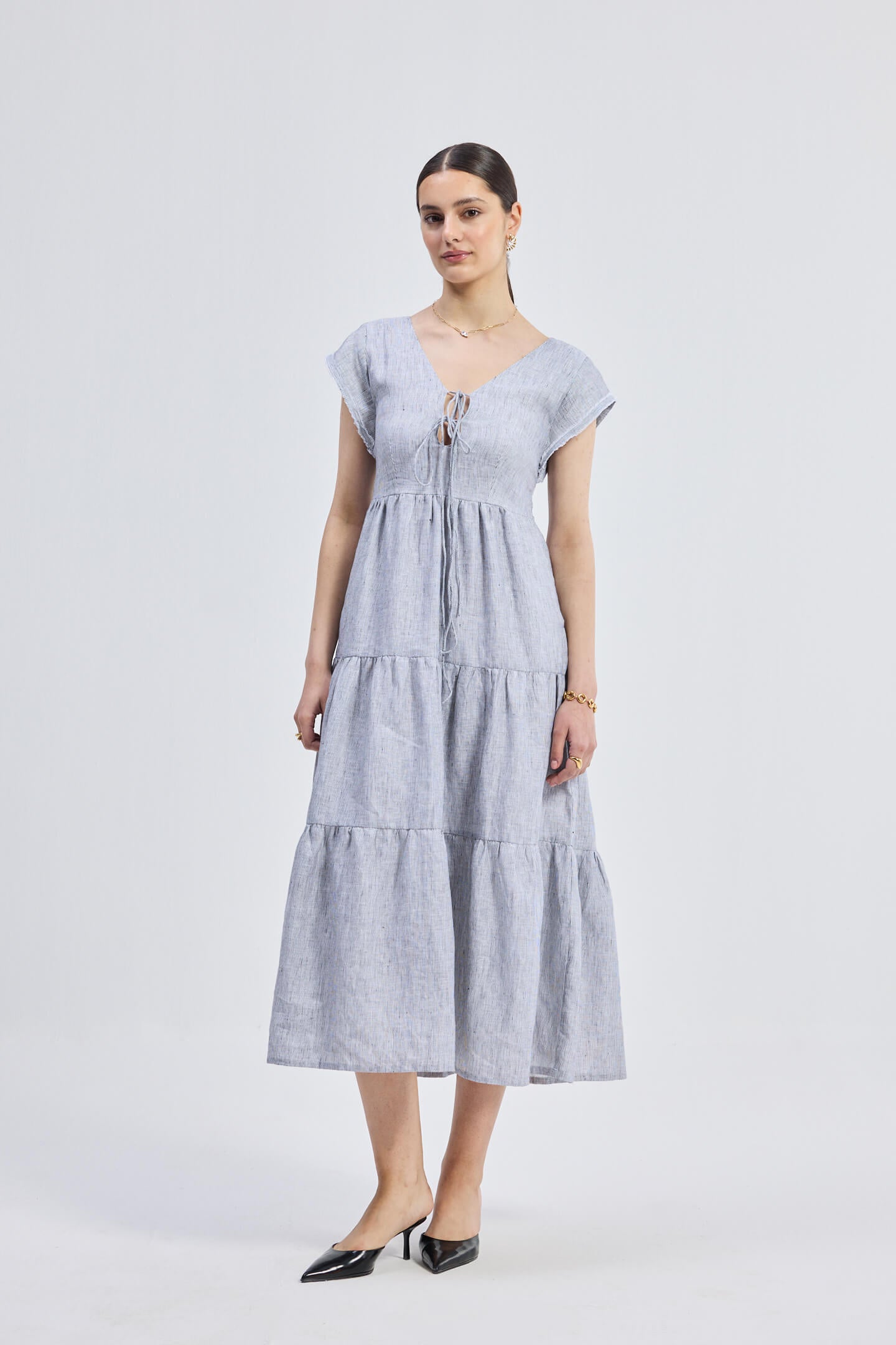 Maxi Tired Dress with Front-ties in Linen Stripes Longshot
