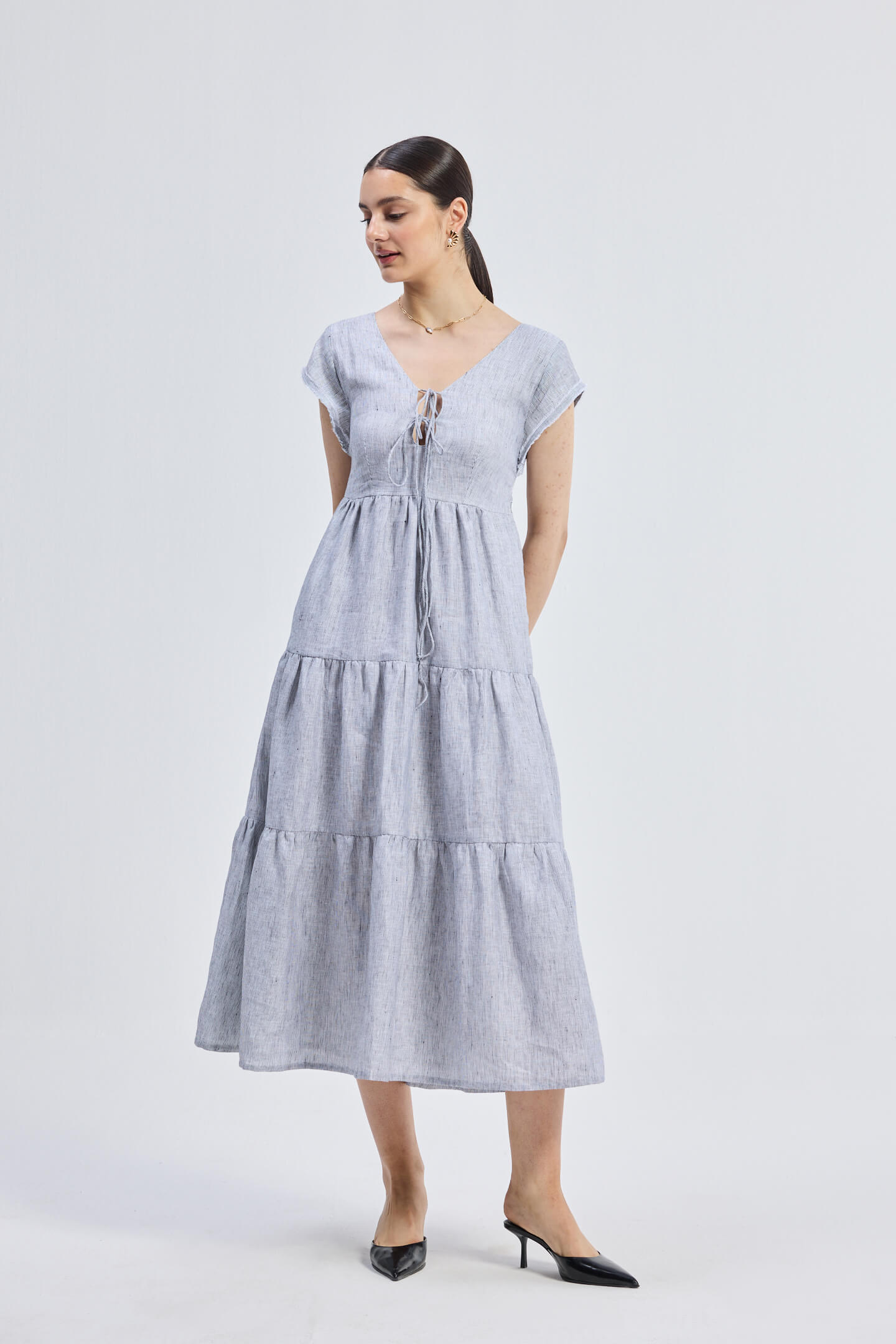 Maxi Tired Dress with Front-ties in Linen Stripes Longshot