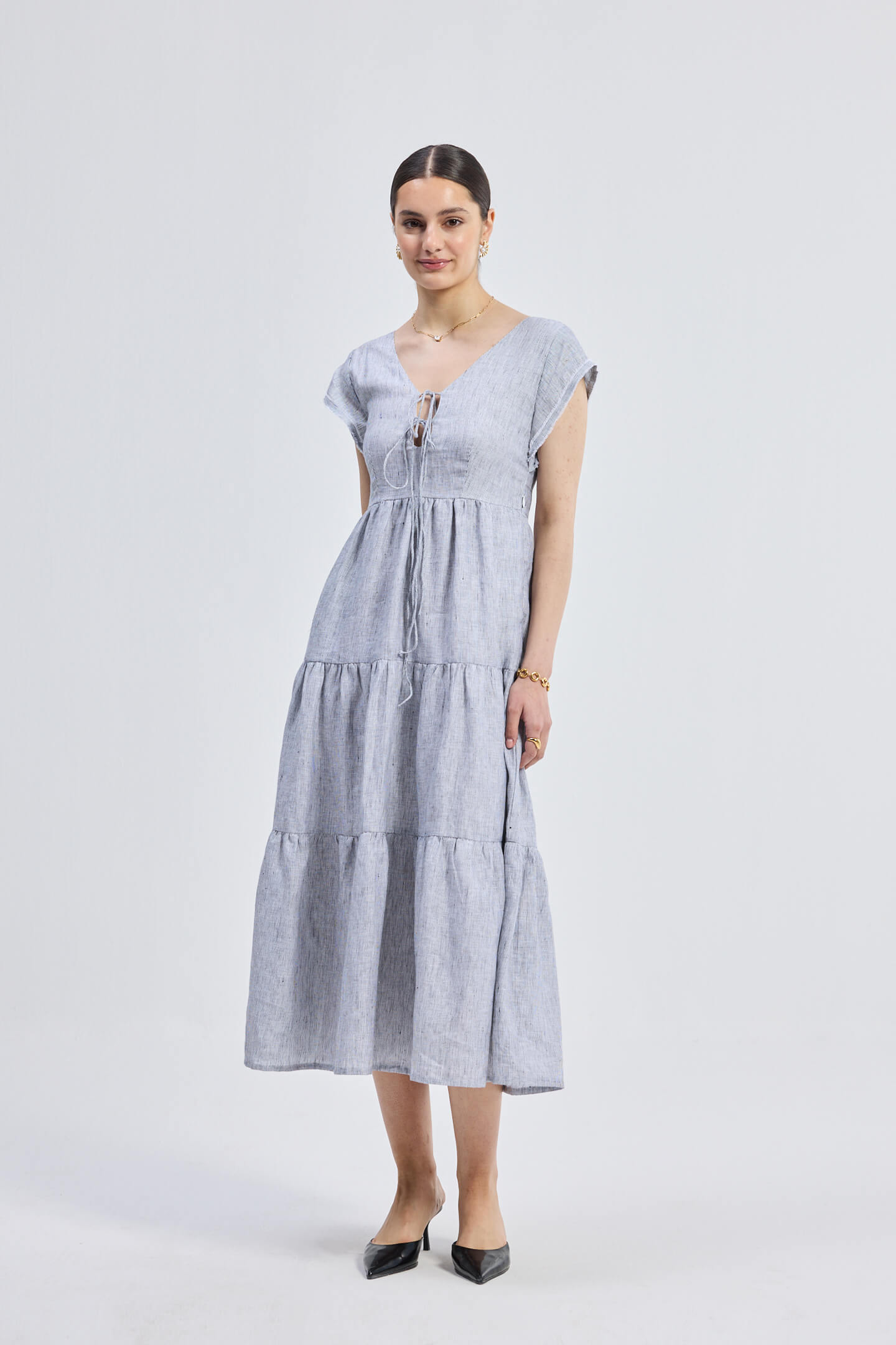 Maxi Tired Dress with Front-ties in Linen Stripes Longshot
