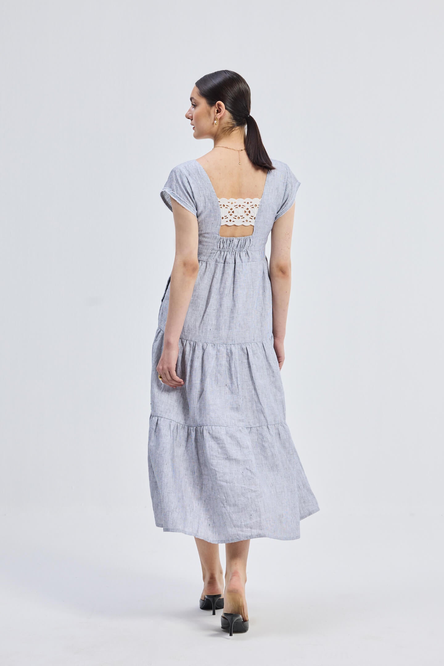 Maxi Tired Dress with Front-ties in Linen Stripes Longshot