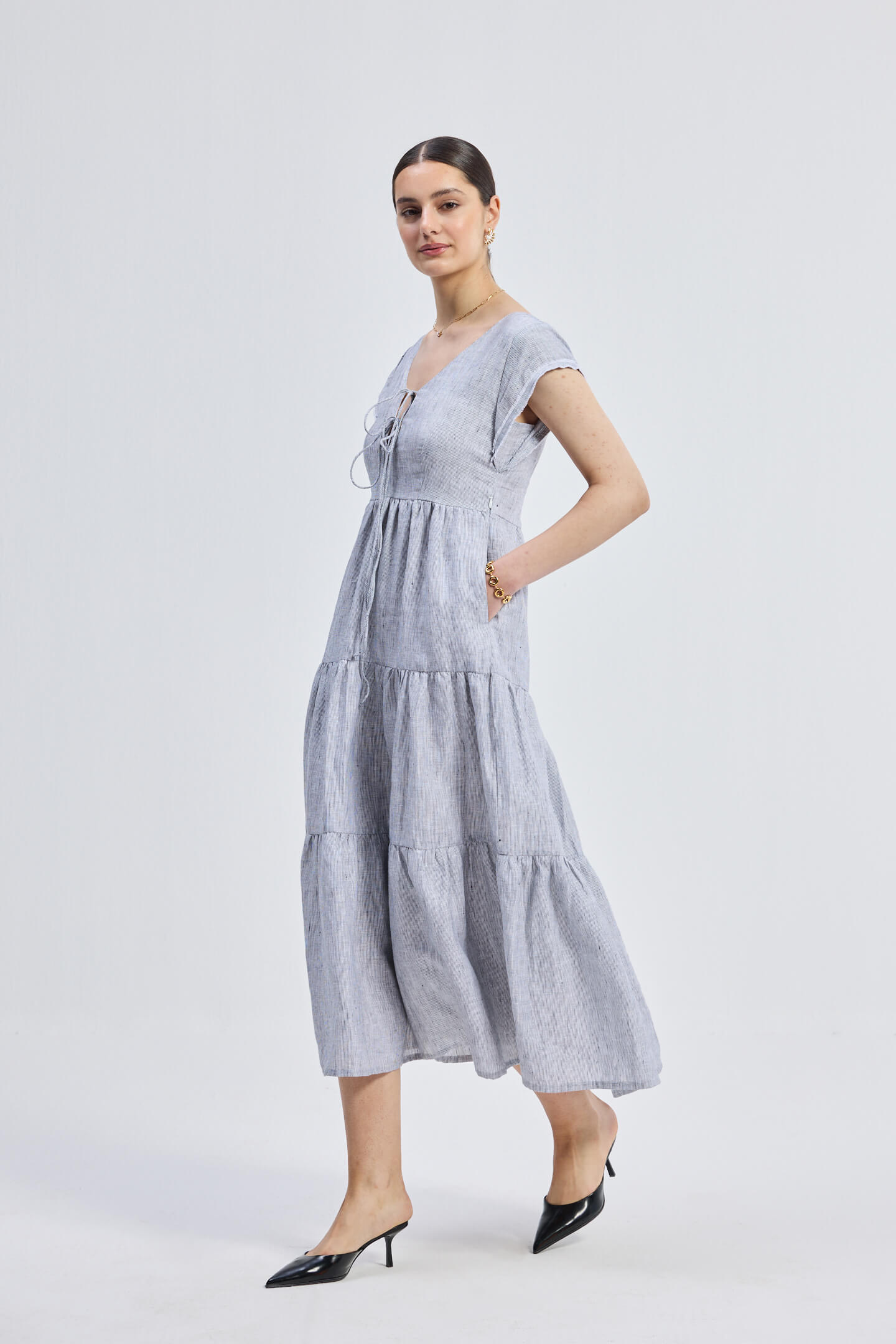 Maxi Tired Dress with Front-ties in Linen Stripes Longshot