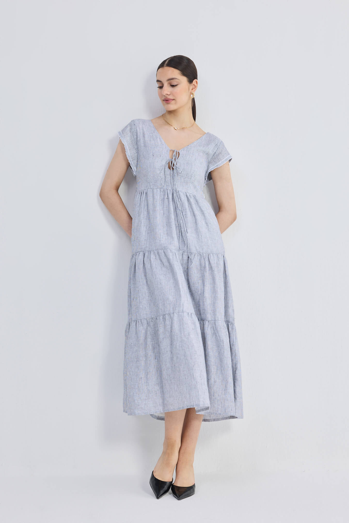 Maxi Tired Dress with Front-ties in Linen Stripes Longshot