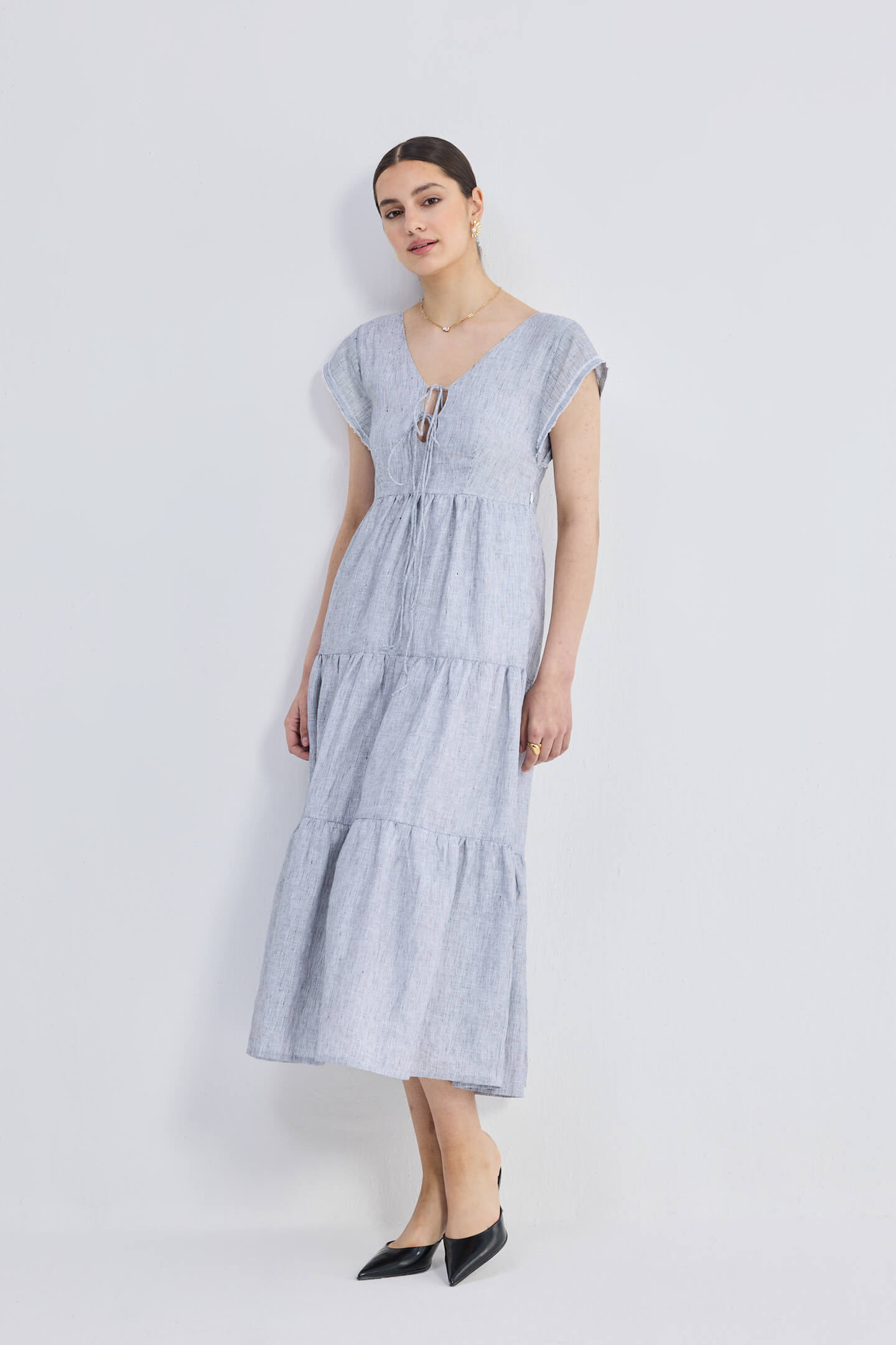 Maxi Tired Dress with Front-ties in Linen Stripes Longshot