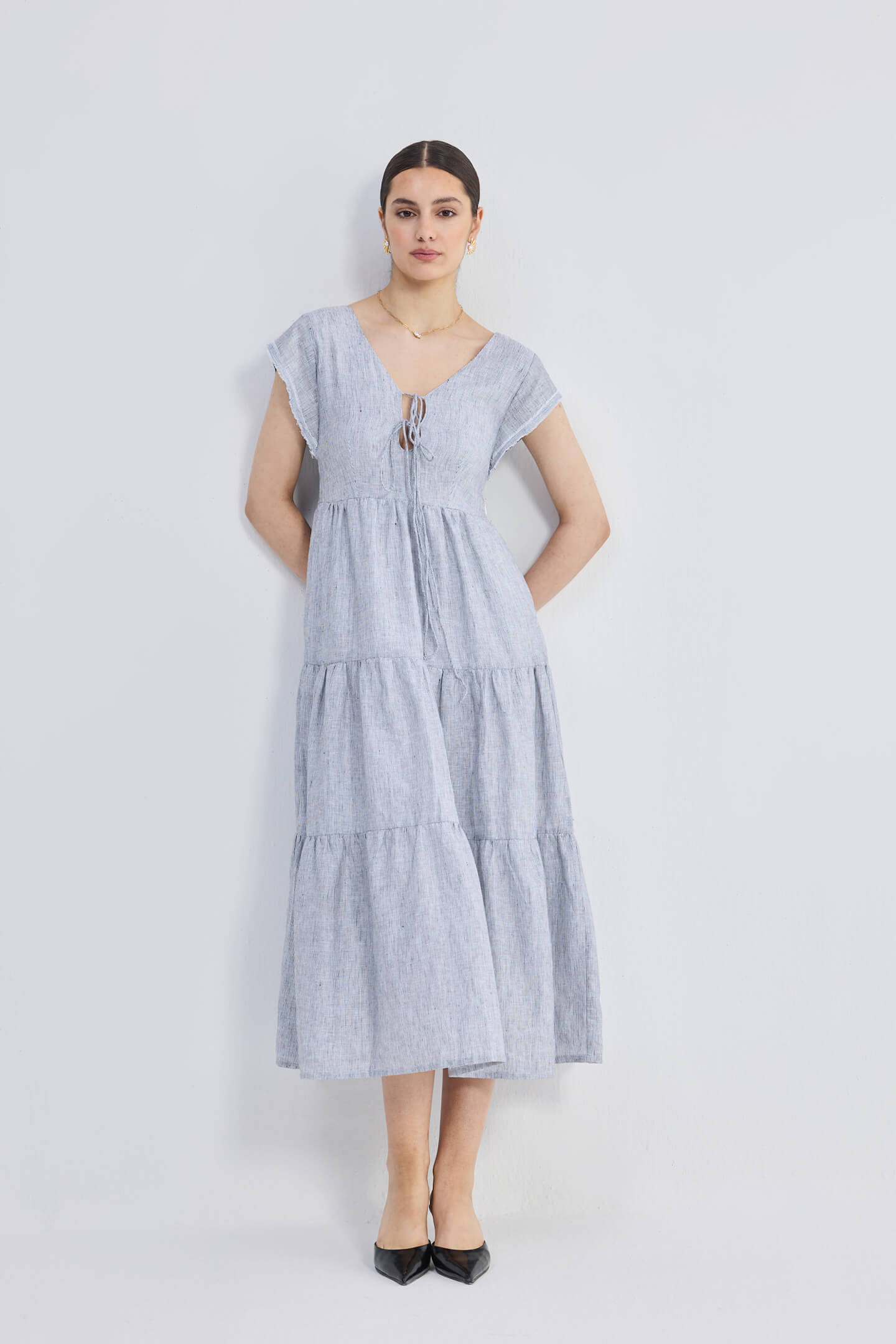 Maxi Tired Dress with Front-ties in Linen Stripes Longshot