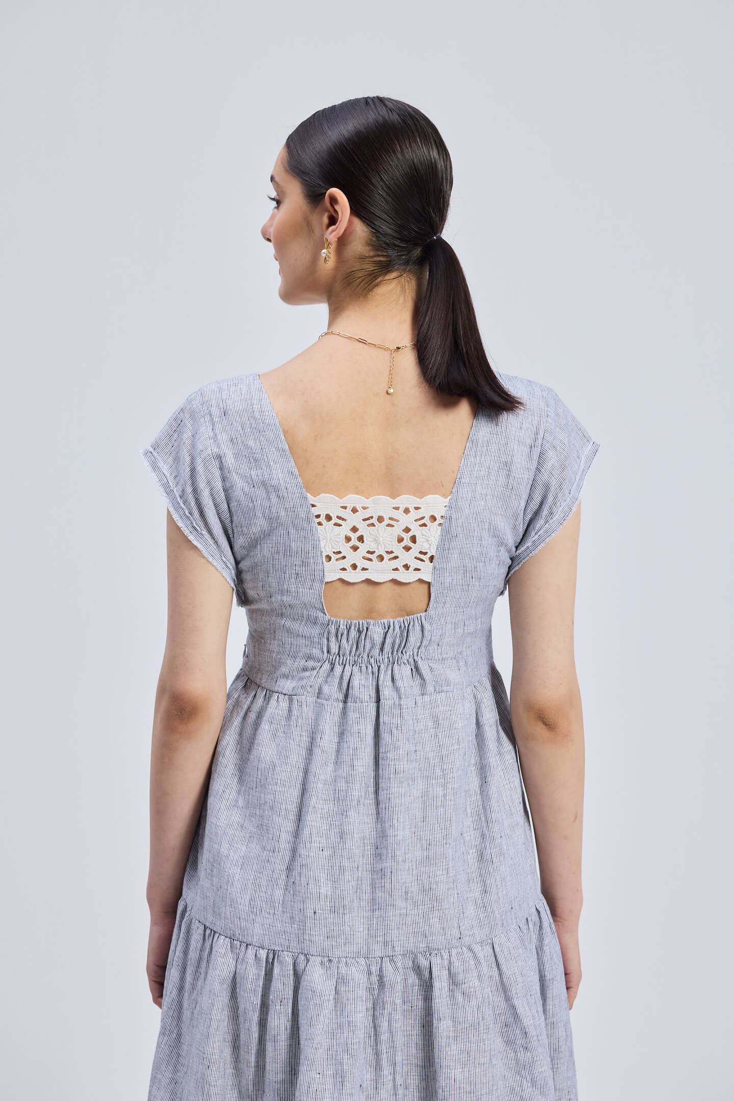 Maxi Tired Dress with Front-ties in Linen Stripes Longshot