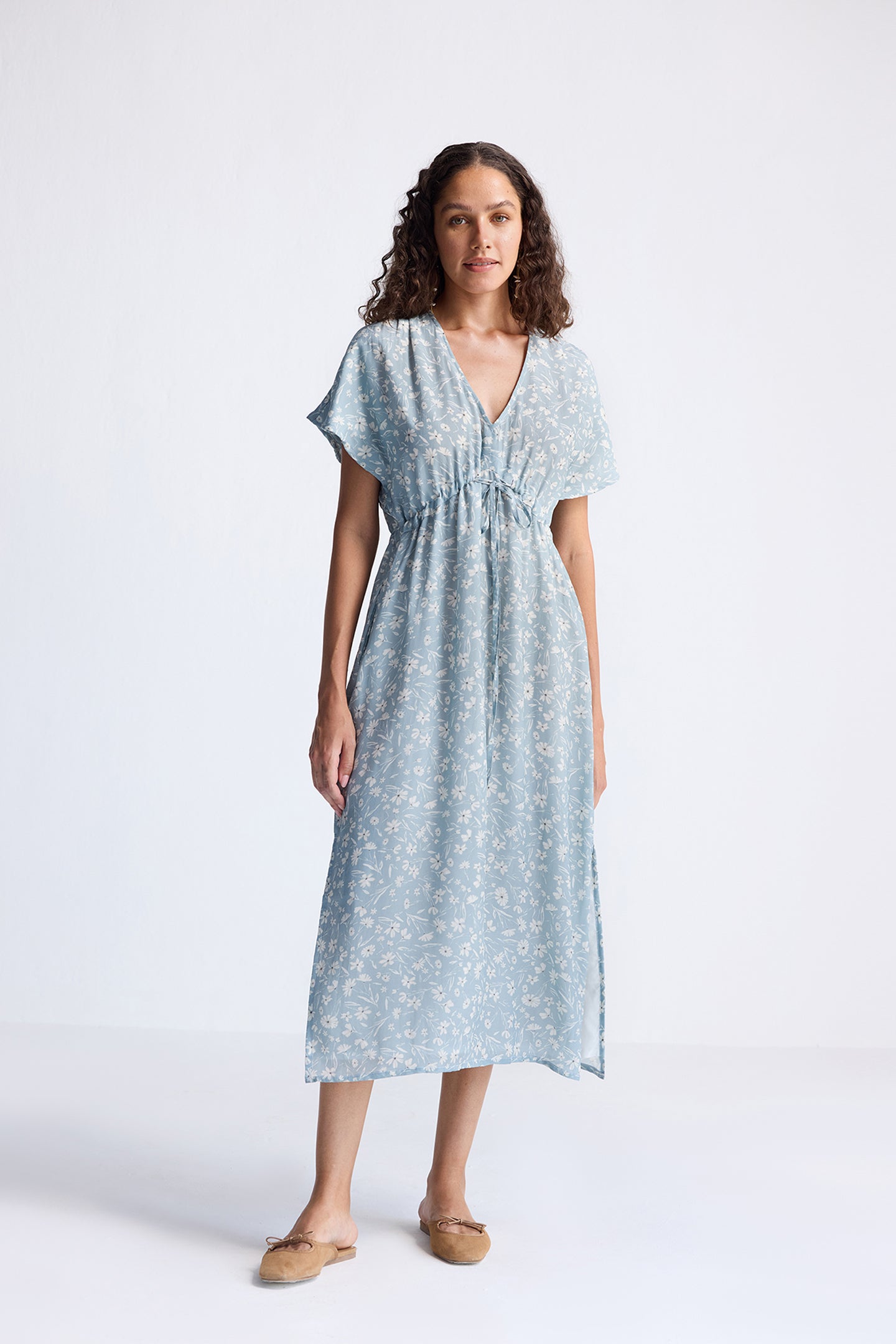 Gathered Maxi Dress in Light Blue Florals Long Shot