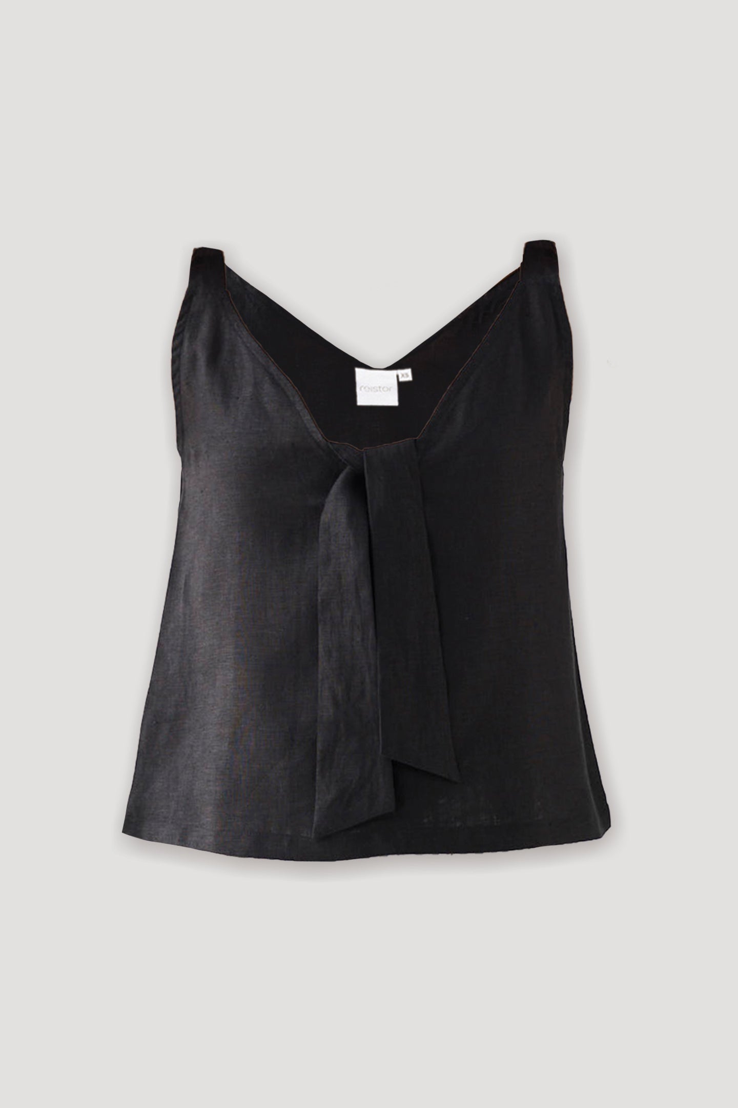 Black sleeveless top with a knot detail on a light gray background