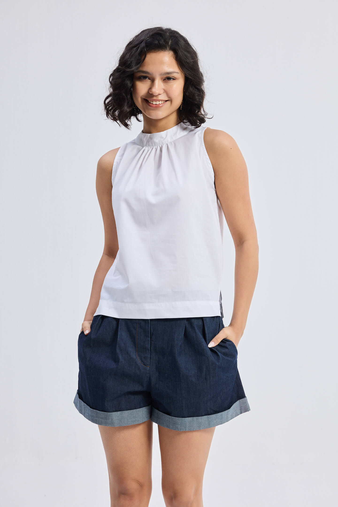 High-Neck Top with Gathers in White Longshot