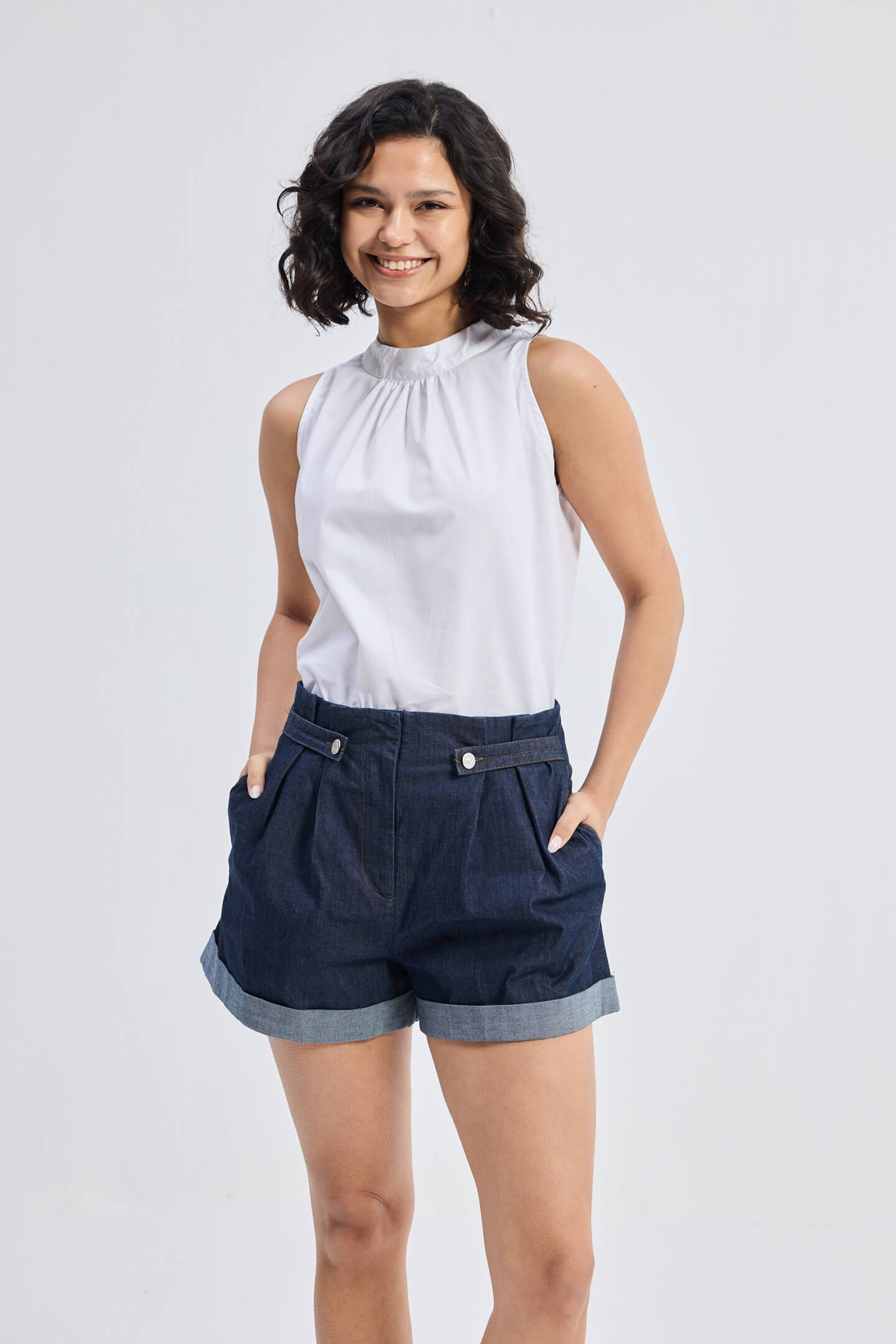 High-Neck Top with Gathers in White Longshot