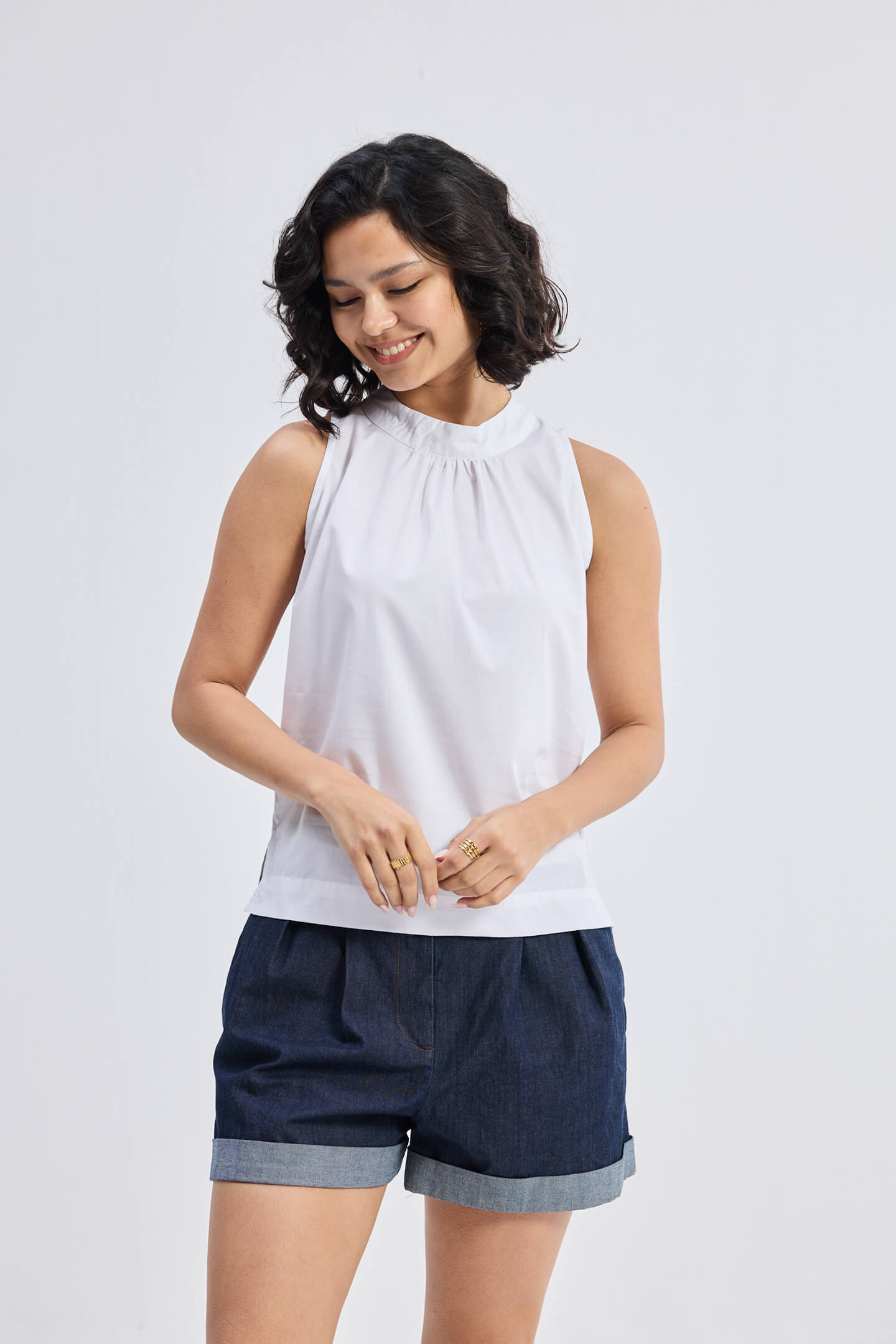 High-Neck Top with Gathers in White Longshot