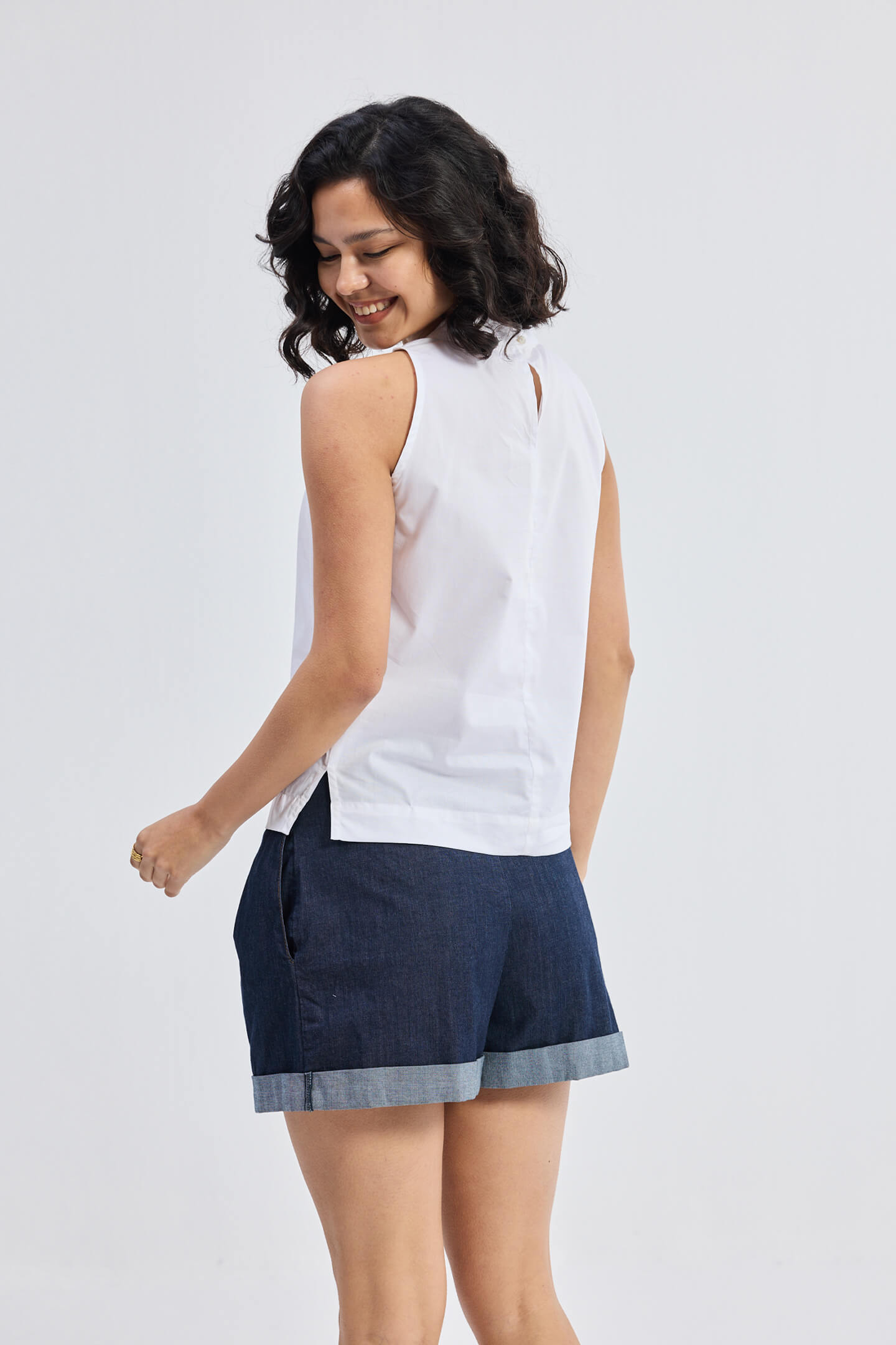 High-Neck Top with Gathers in White Longshot