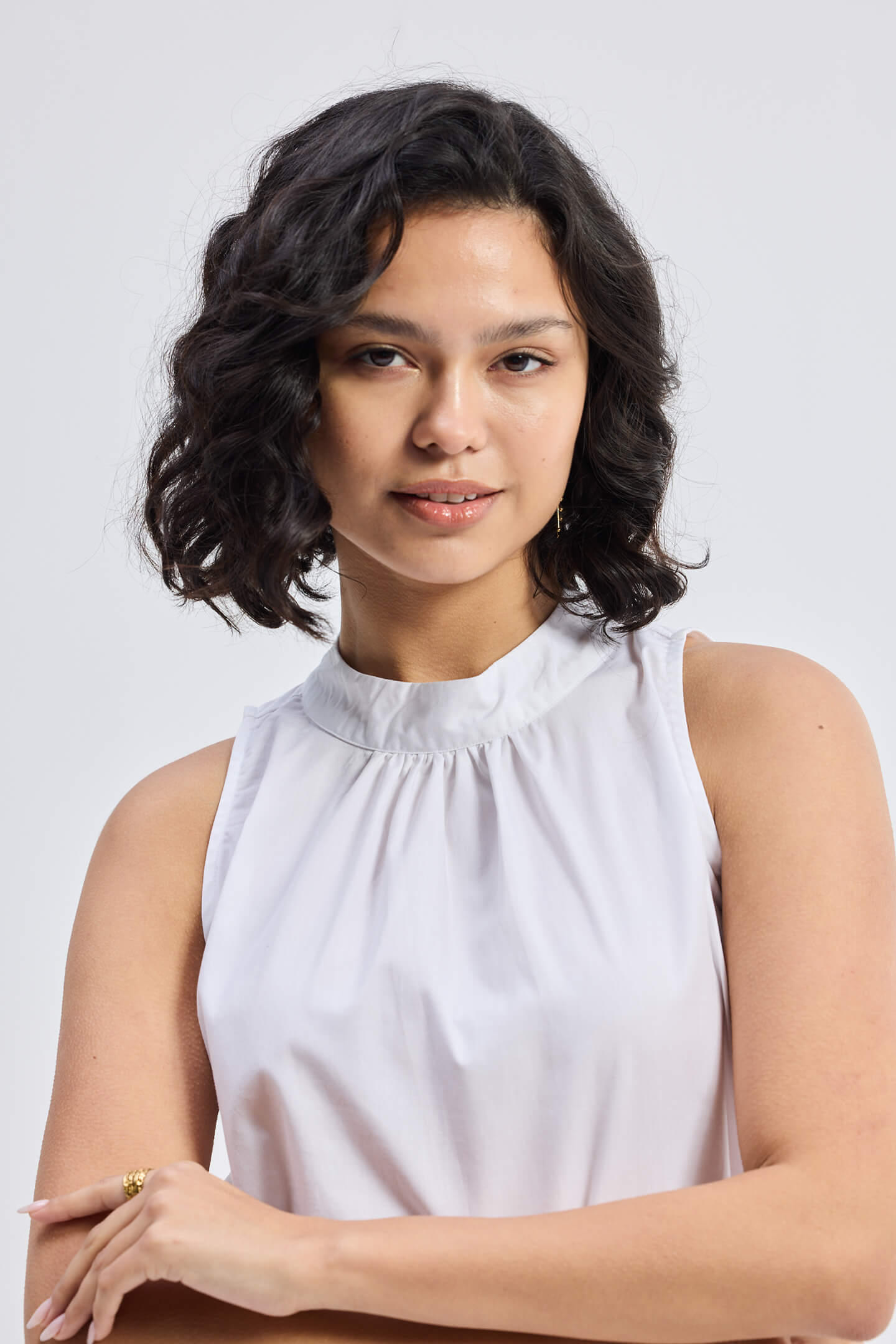 High-Neck Top with Gathers in White Closeup