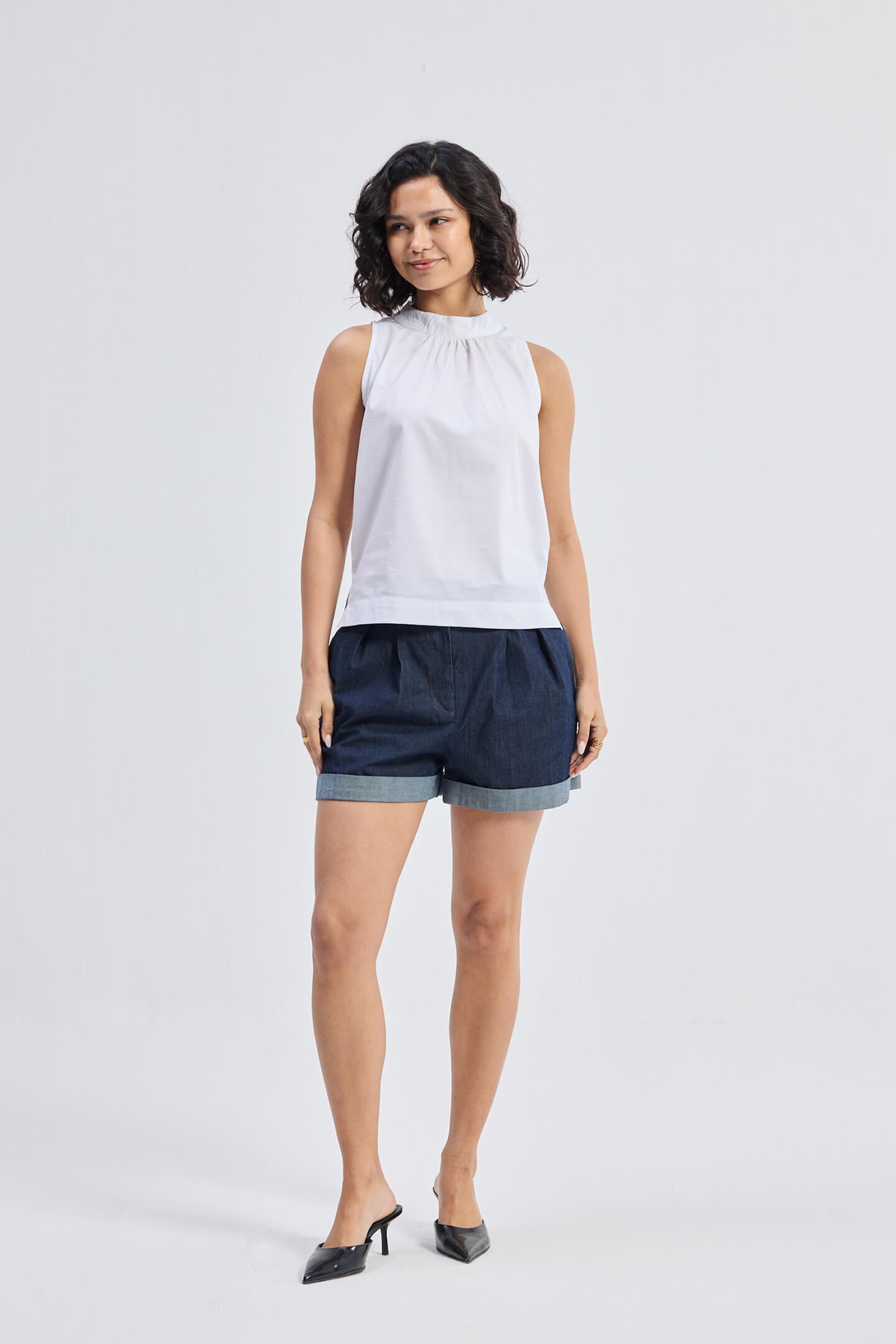 High-Neck Top with Gathers in White Longshot