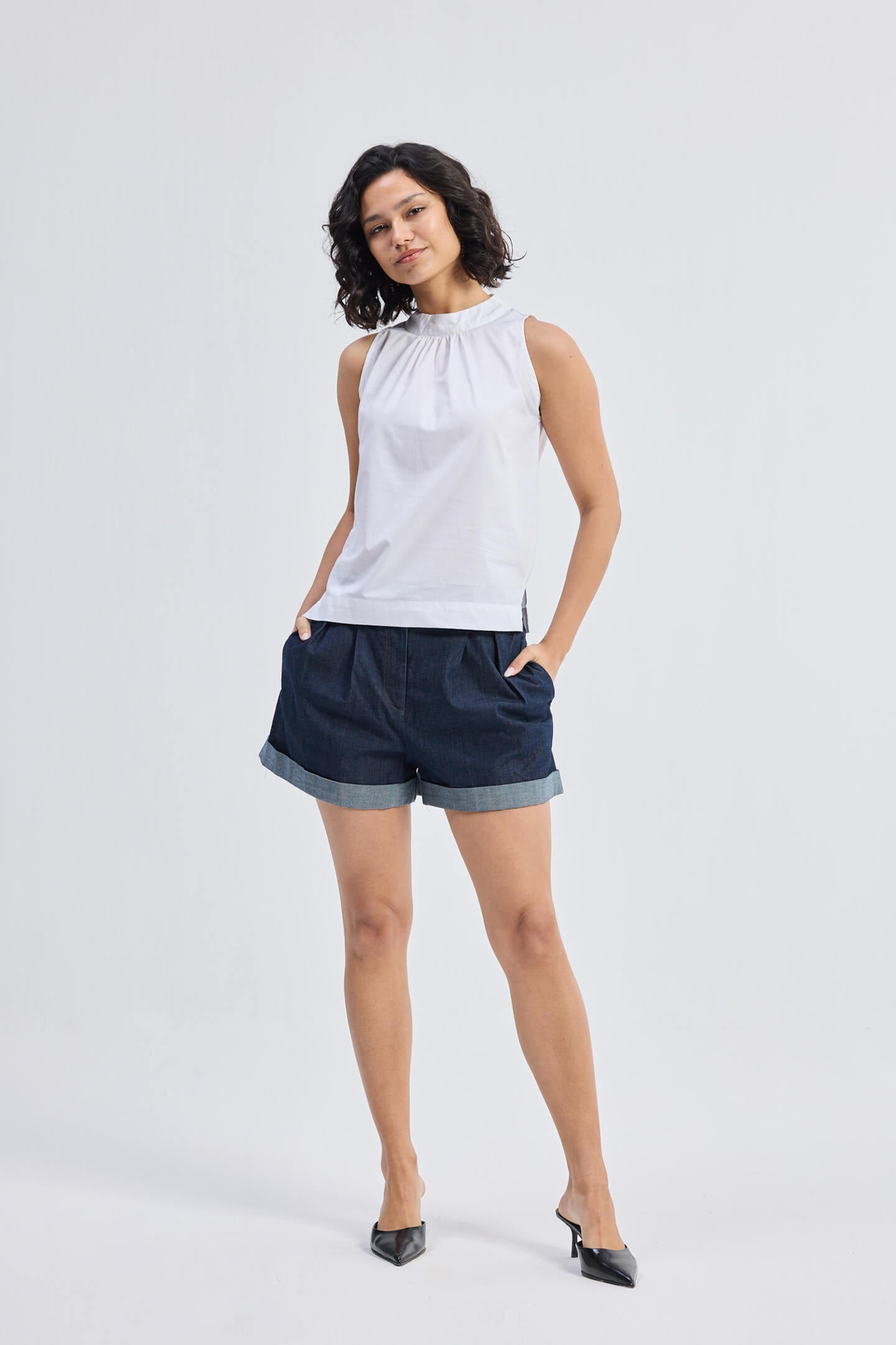 High-Neck Top with Gathers in White Longshot