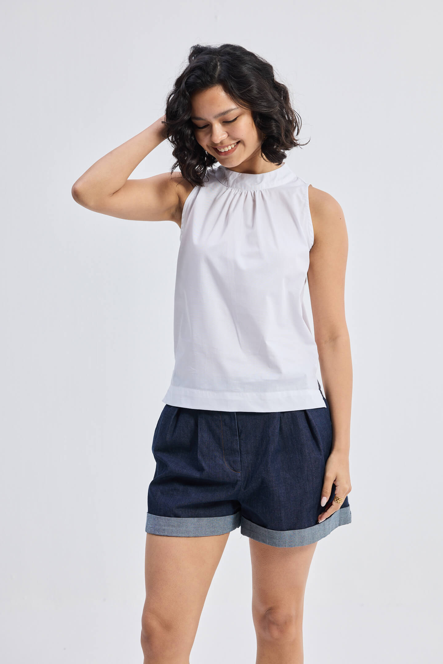 High-Neck Top with Gathers in White Longshot