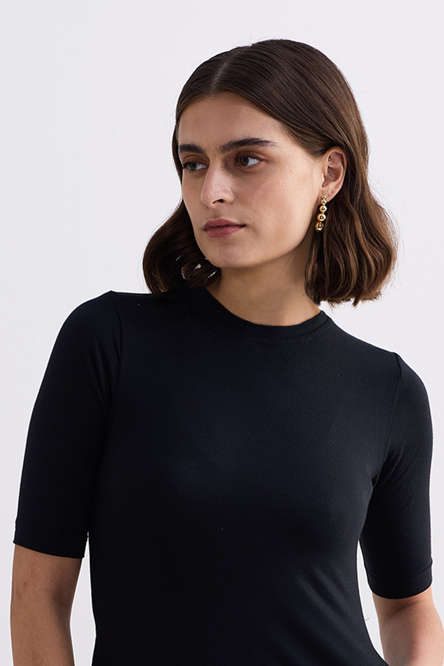 High Crew Neck Elbow Sleeves Fitted Dress in Black Longshot