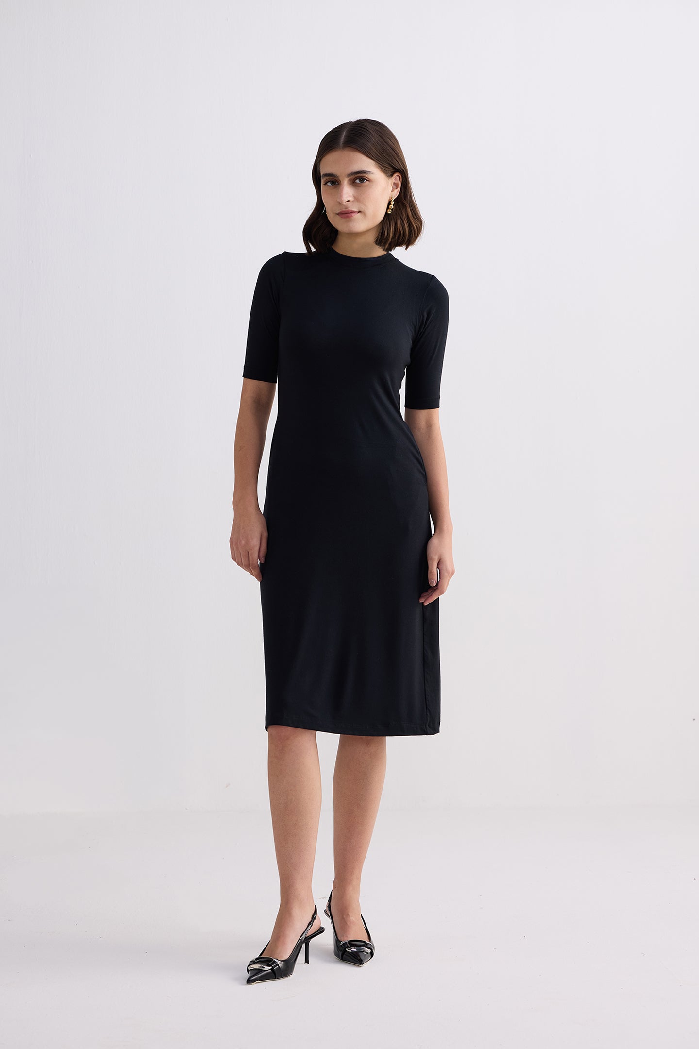 High Crew Neck Elbow Sleeves Fitted Dress in Black Longshot