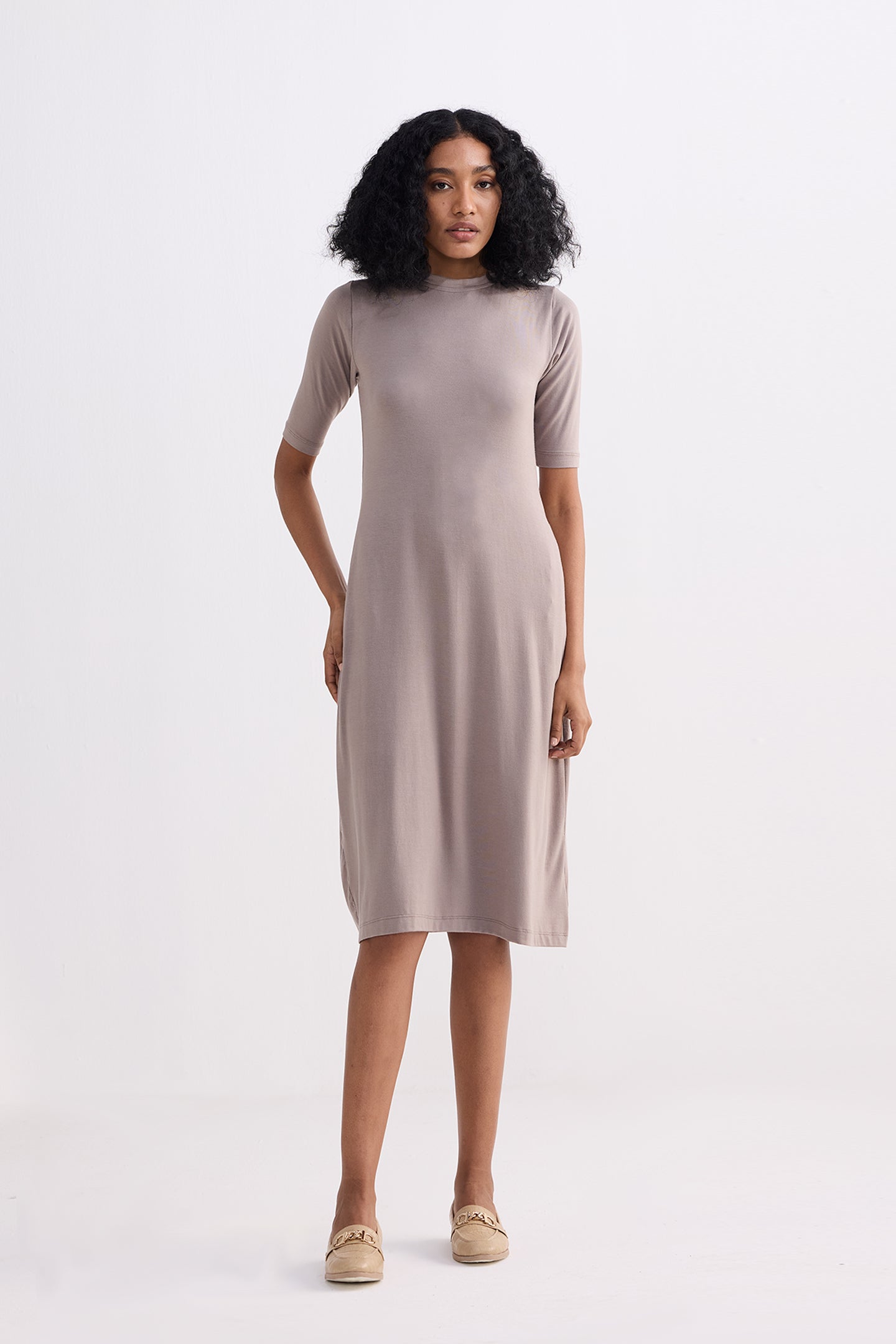 High Crew Neck Elbow Sleeves Fitted Dress in Dusty Brown Longshot