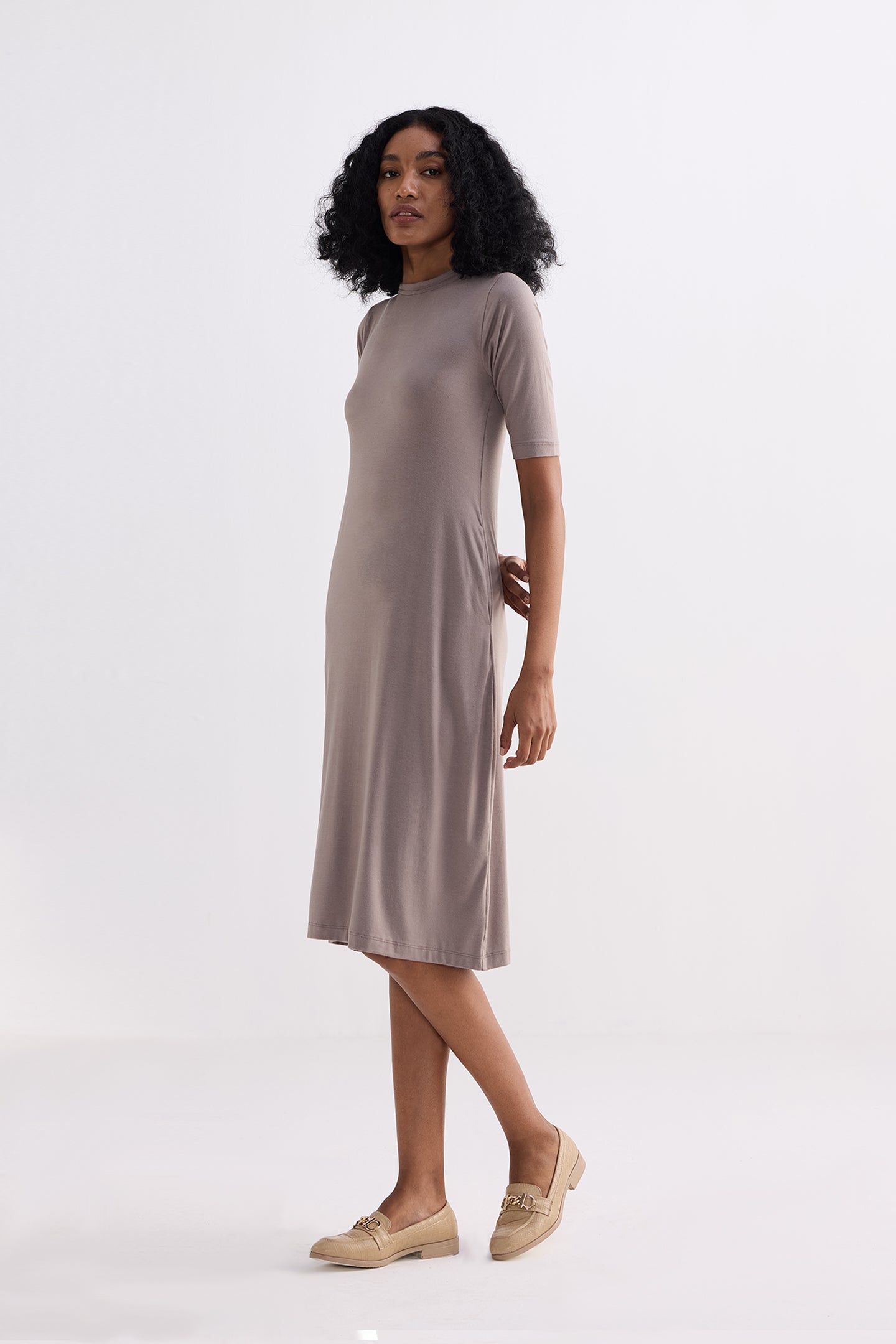 High Crew Neck Elbow Sleeves Fitted Dress in Dusty Brown Longshot