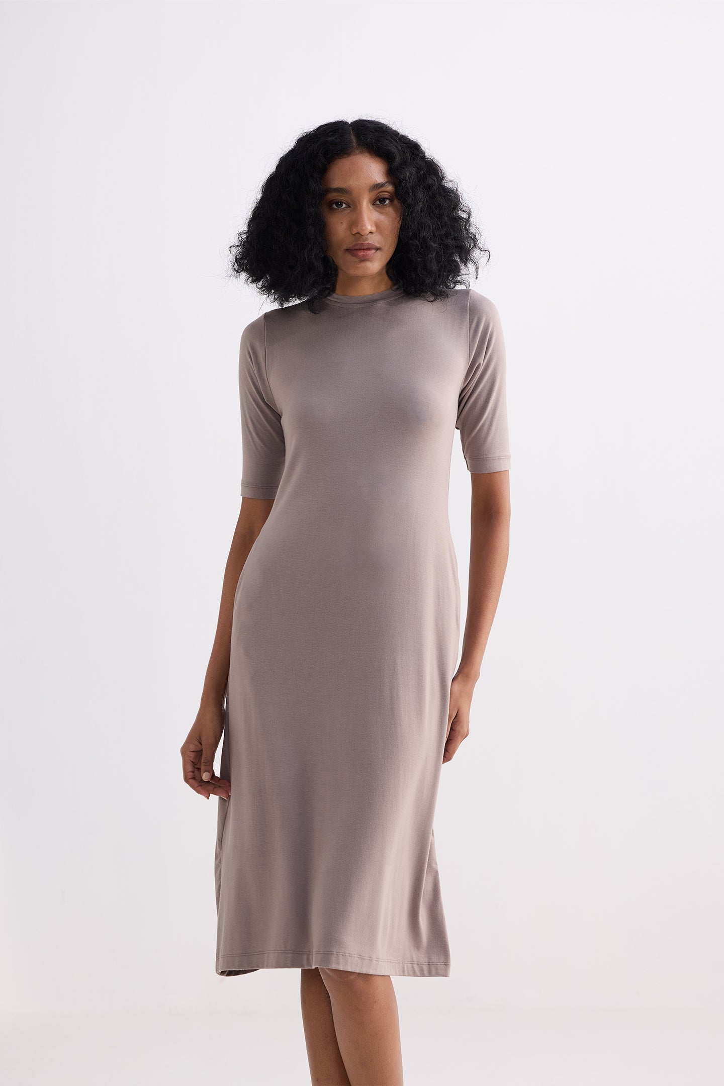 High Crew Neck Elbow Sleeves Fitted Dress in Dusty Brown Longshot