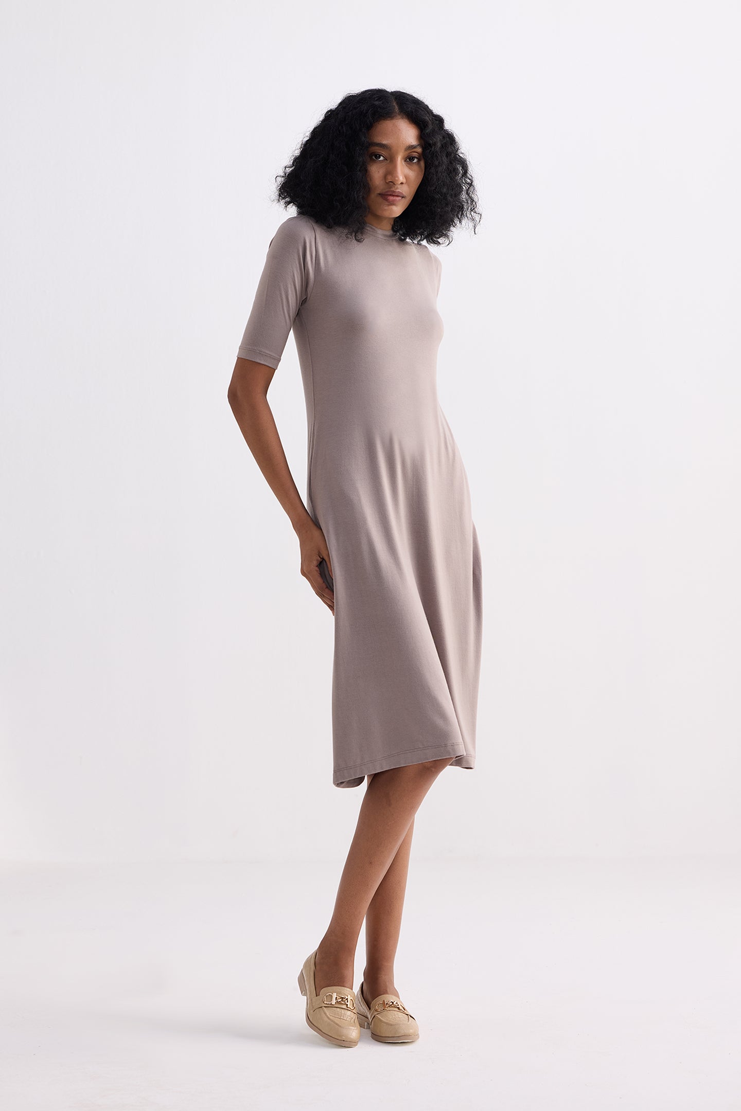 High Crew Neck Elbow Sleeves Fitted Dress in Dusty Brown Longshot
