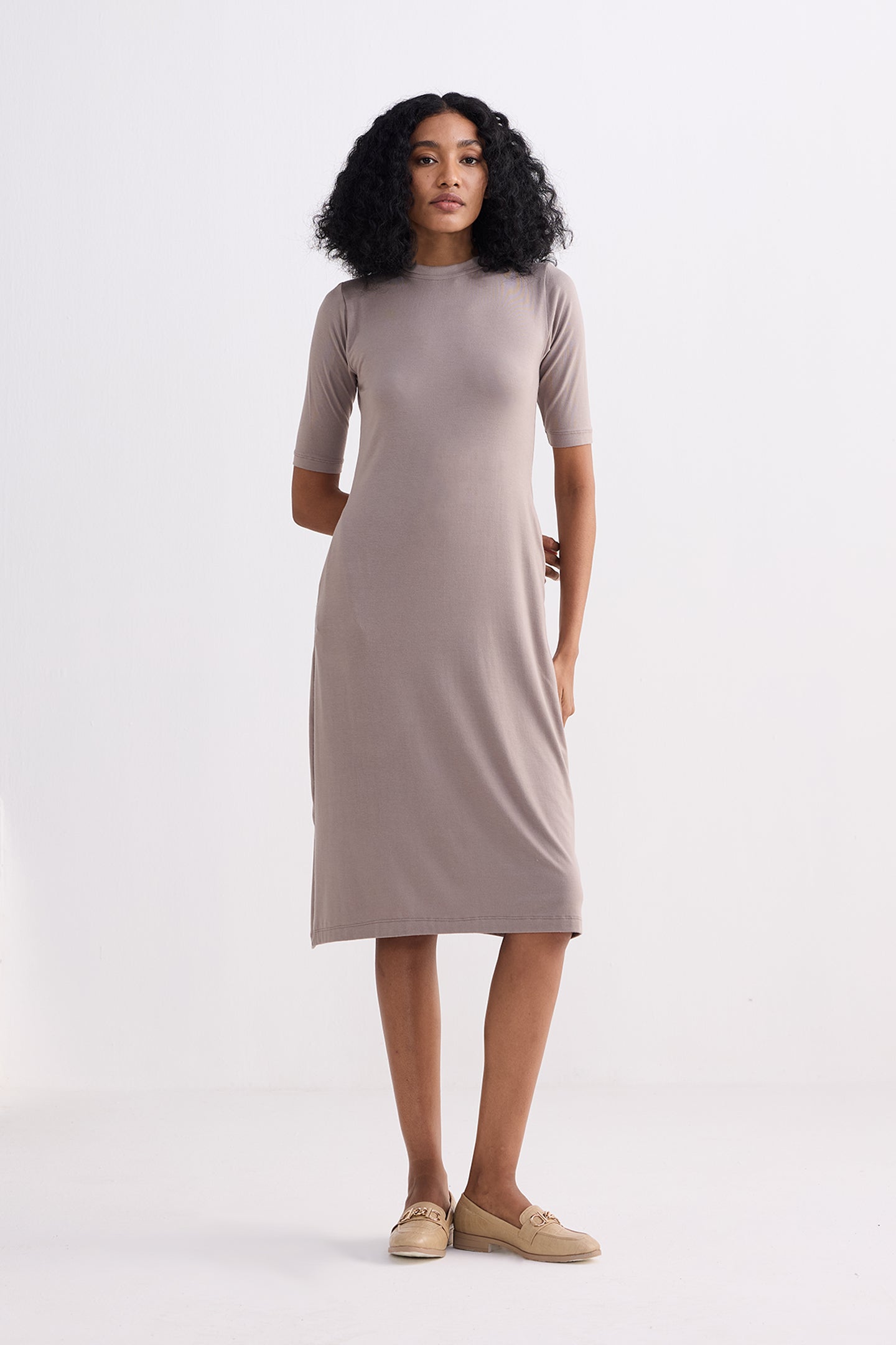 High Crew Neck Elbow Sleeves Fitted Dress in Dusty Brown Longshot