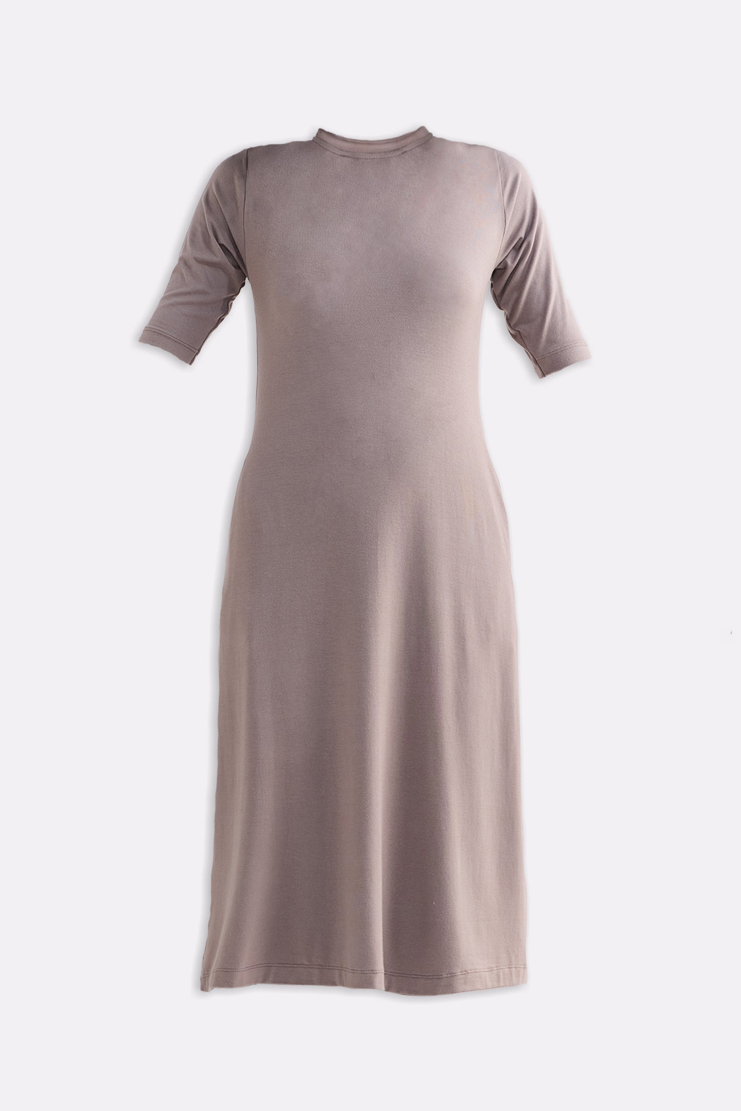 High Crew Neck Elbow Sleeves Fitted Dress in Dusty Brown Flat lay