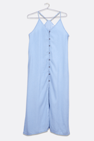 Reistor In the Mood for Love Denim Midi Dress in light blue with button-front detail, adjustable straps and a breezy silhouette, perfect for warm-weather style. 