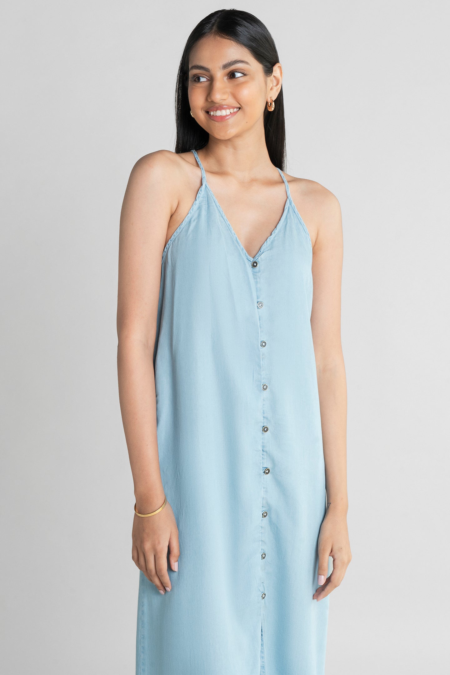 Women's Reistor In the Mood for Love Denim Midi Dress with slim shoulder straps, flowing fit, button-front closure and soft breathable denim for everyday style.