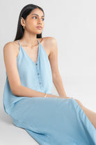 Women's Reistor In the Mood for Love Denim Midi Dress crafted from breathable lightweight denim with a flattering V-neck and timeless minimalist styling.