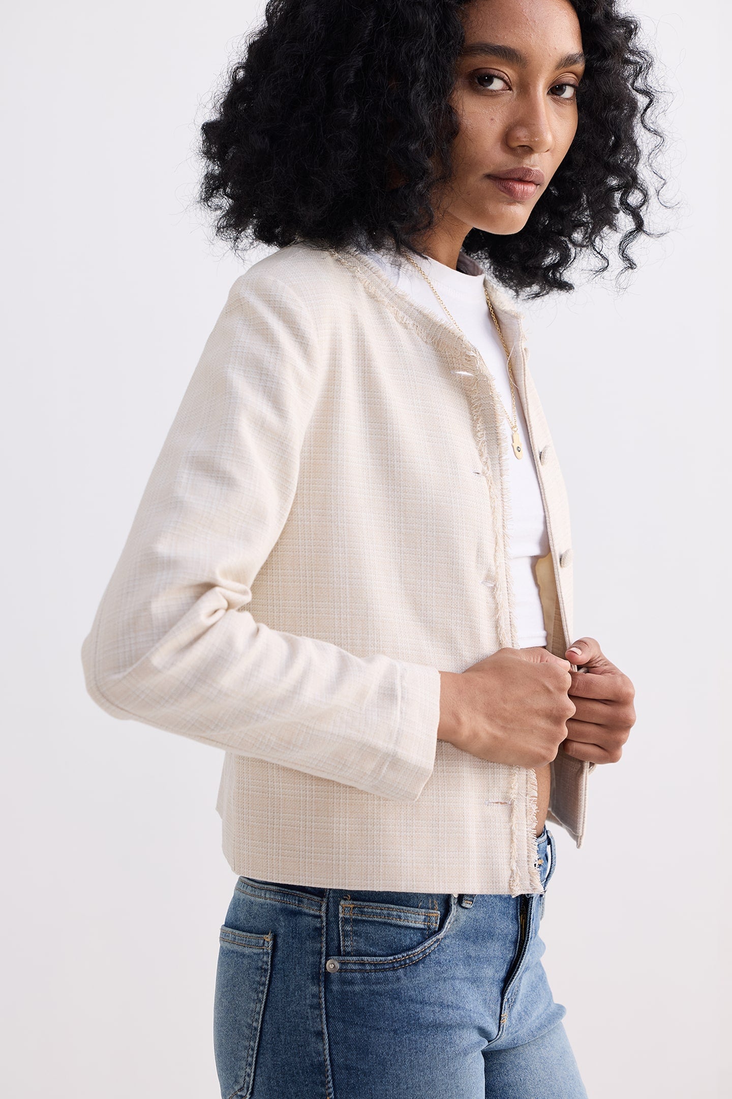 Lady Jacket in Cream Cotton Tweed Medium Shot