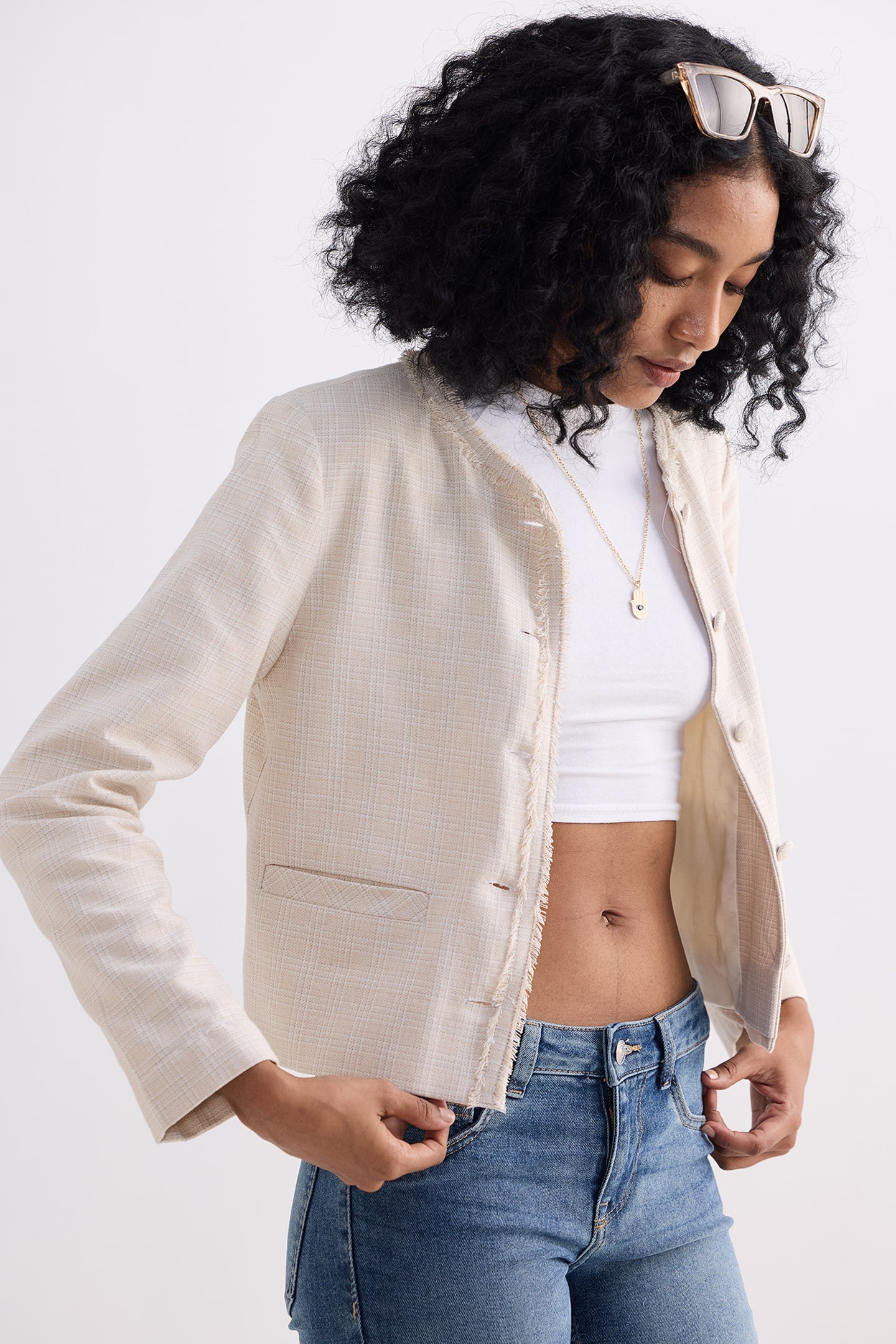 Lady Jacket in Cream Cotton Tweed Medium Shot