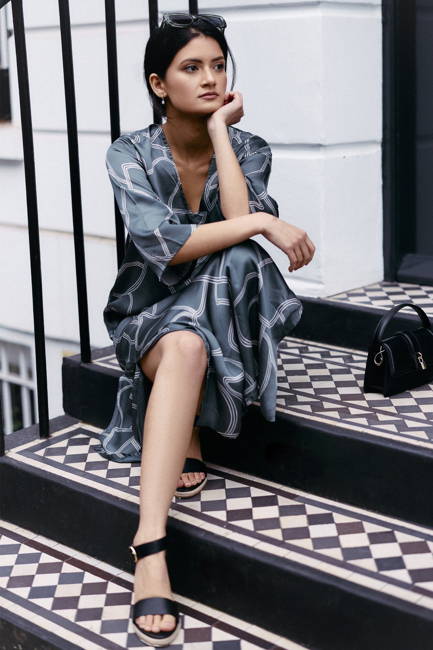 Maxi Dress with Side Slits in Abstract Stripes Moodshot