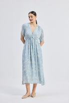 Maxi Gathered Dress in Blue Florals Longshot