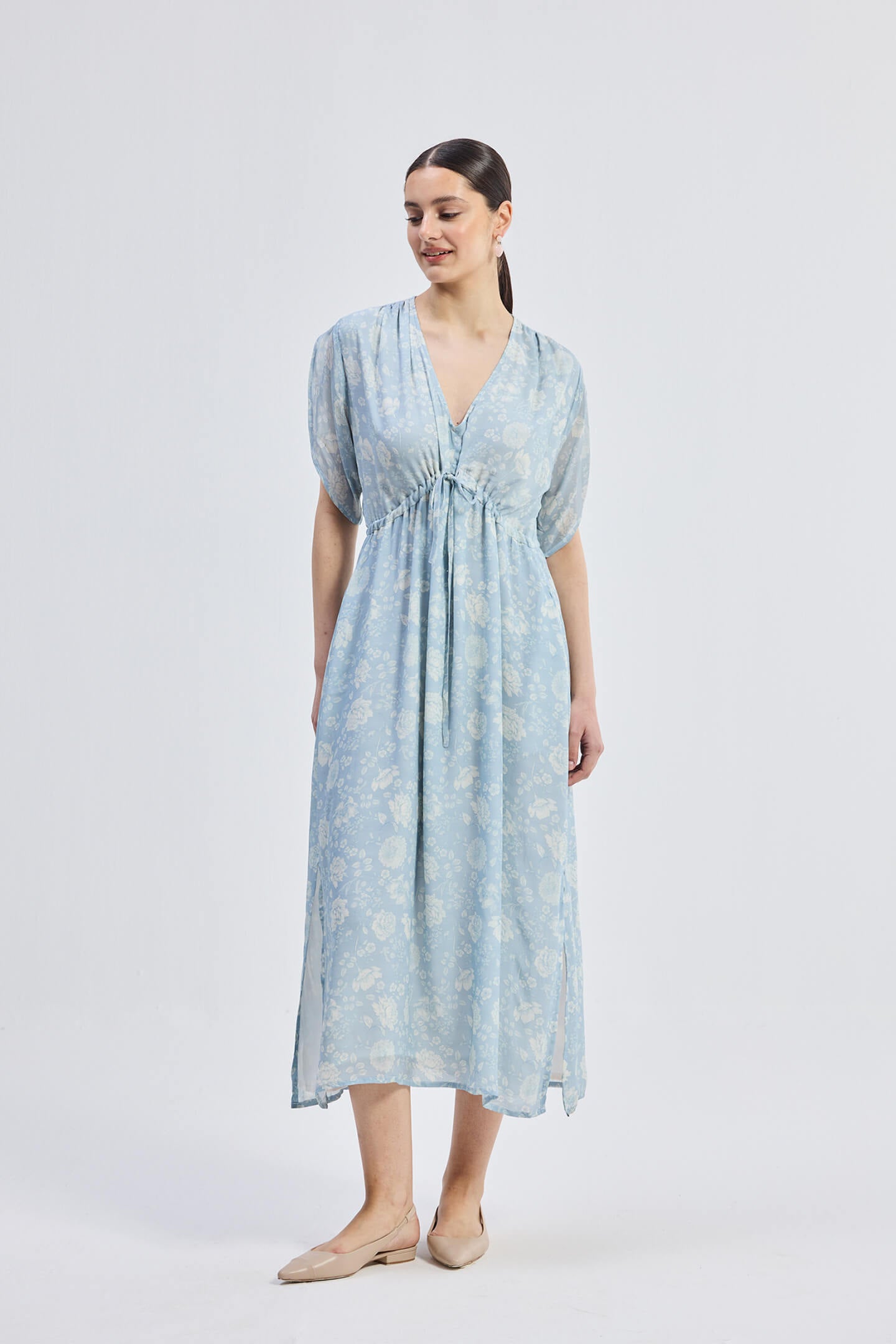 Maxi Gathered Dress in Blue Florals Longshot