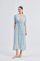 Maxi Gathered Dress in Blue Florals Longshot