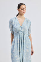 Maxi Gathered Dress in Blue Florals Closeup