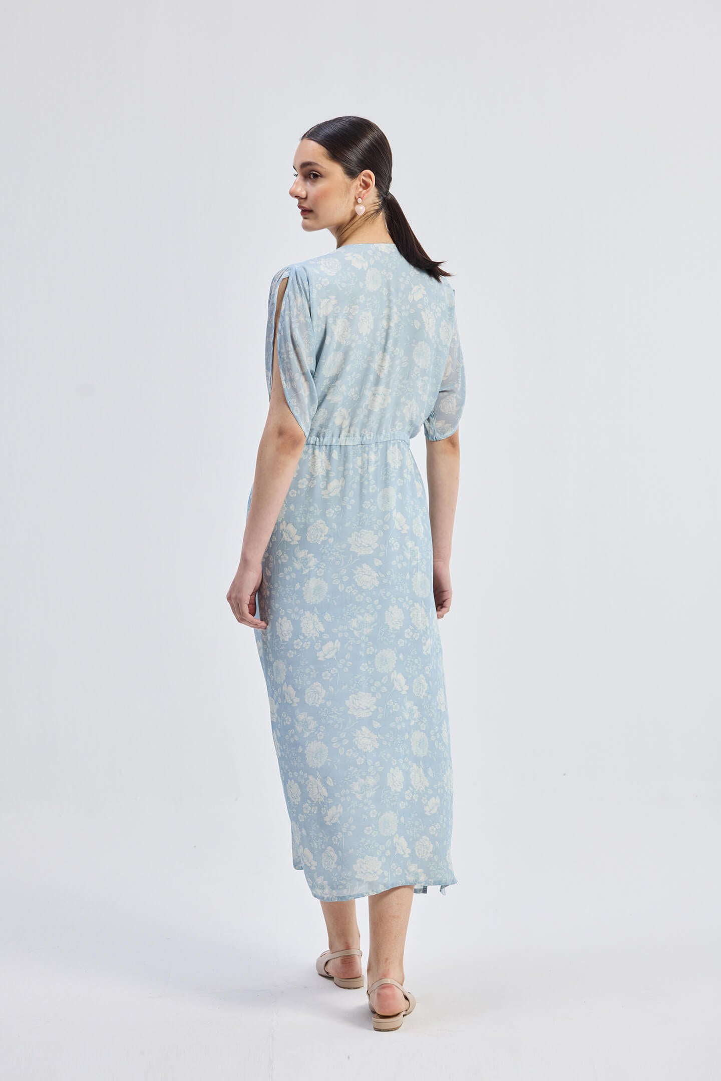 Maxi Gathered Dress in Blue Florals Longshot