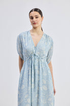 Maxi Gathered Dress in Blue Florals Closeup