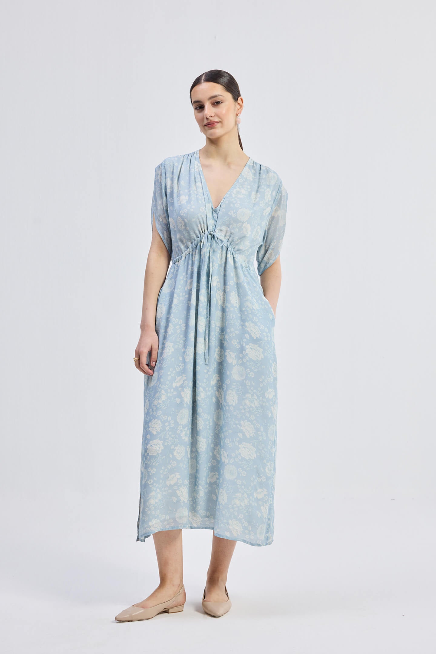 Maxi Gathered Dress in Blue Florals Longshot