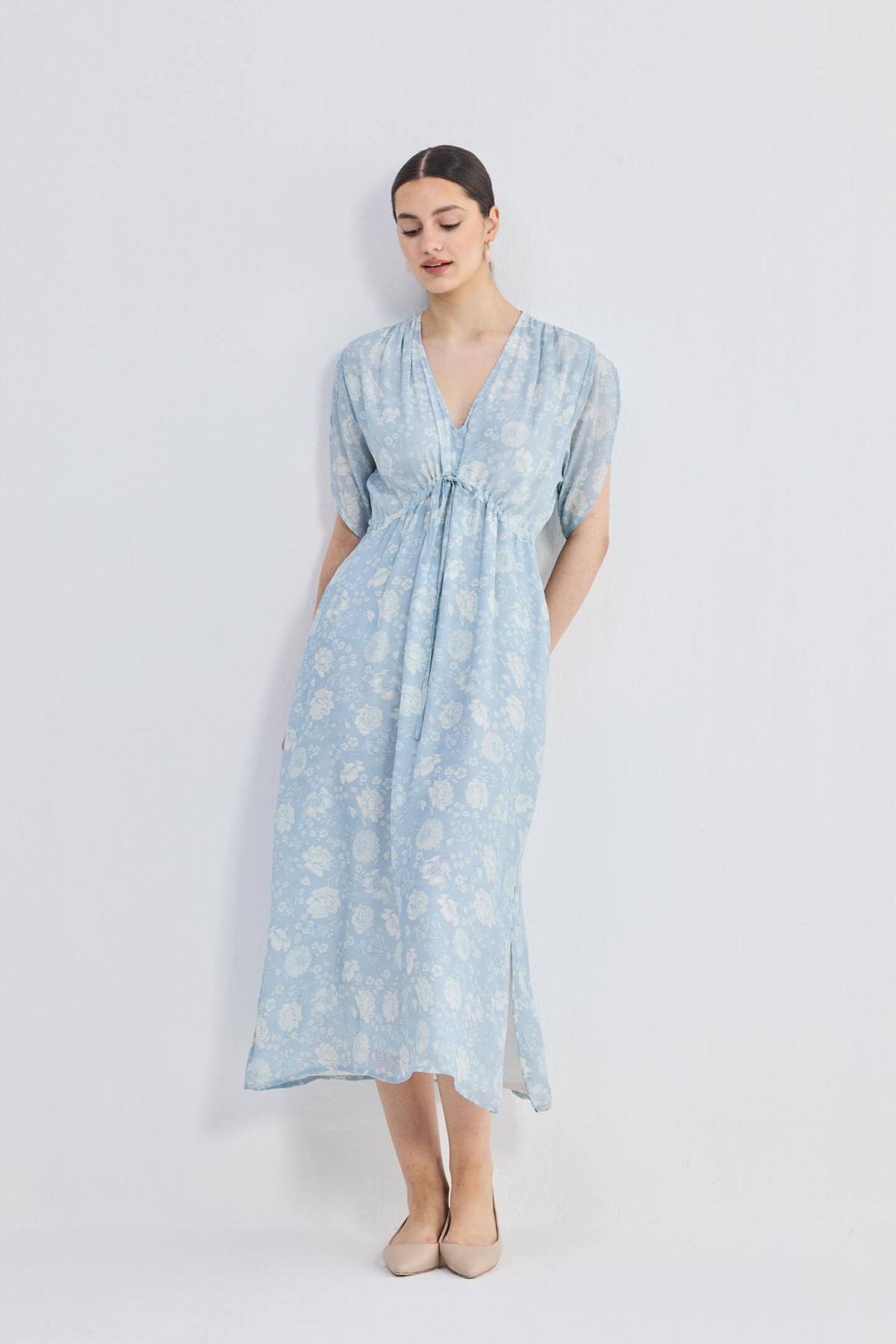 Maxi Gathered Dress in Blue Florals Longshot