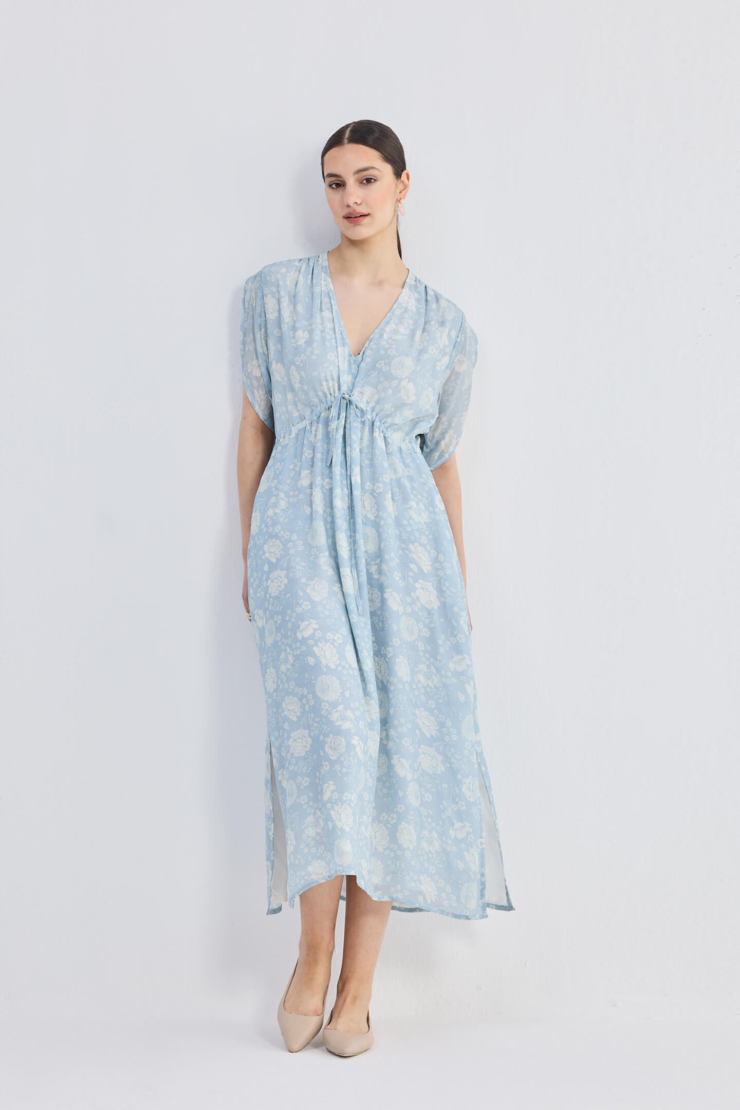 Maxi Gathered Dress in Blue Florals Longshot