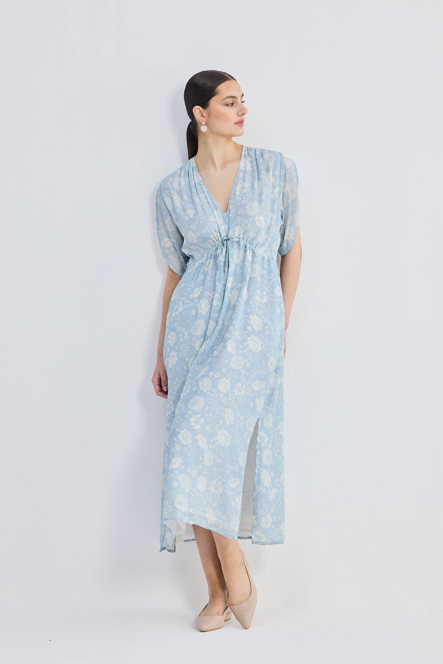 Maxi Gathered Dress in Blue Florals Longshot